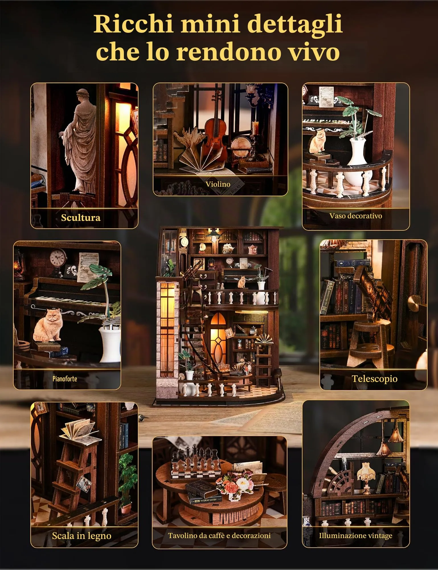 Besserite Kit Libreria Miniatura – Book Nook con 339 Pezzi, Puzzle 3D Legno Libreria a 2 Piani, Casa Bambole Miniatura con Luce, Diorama Vintage per Decorazione Libreria, Regalo Creativo per Adulti - immagine 5