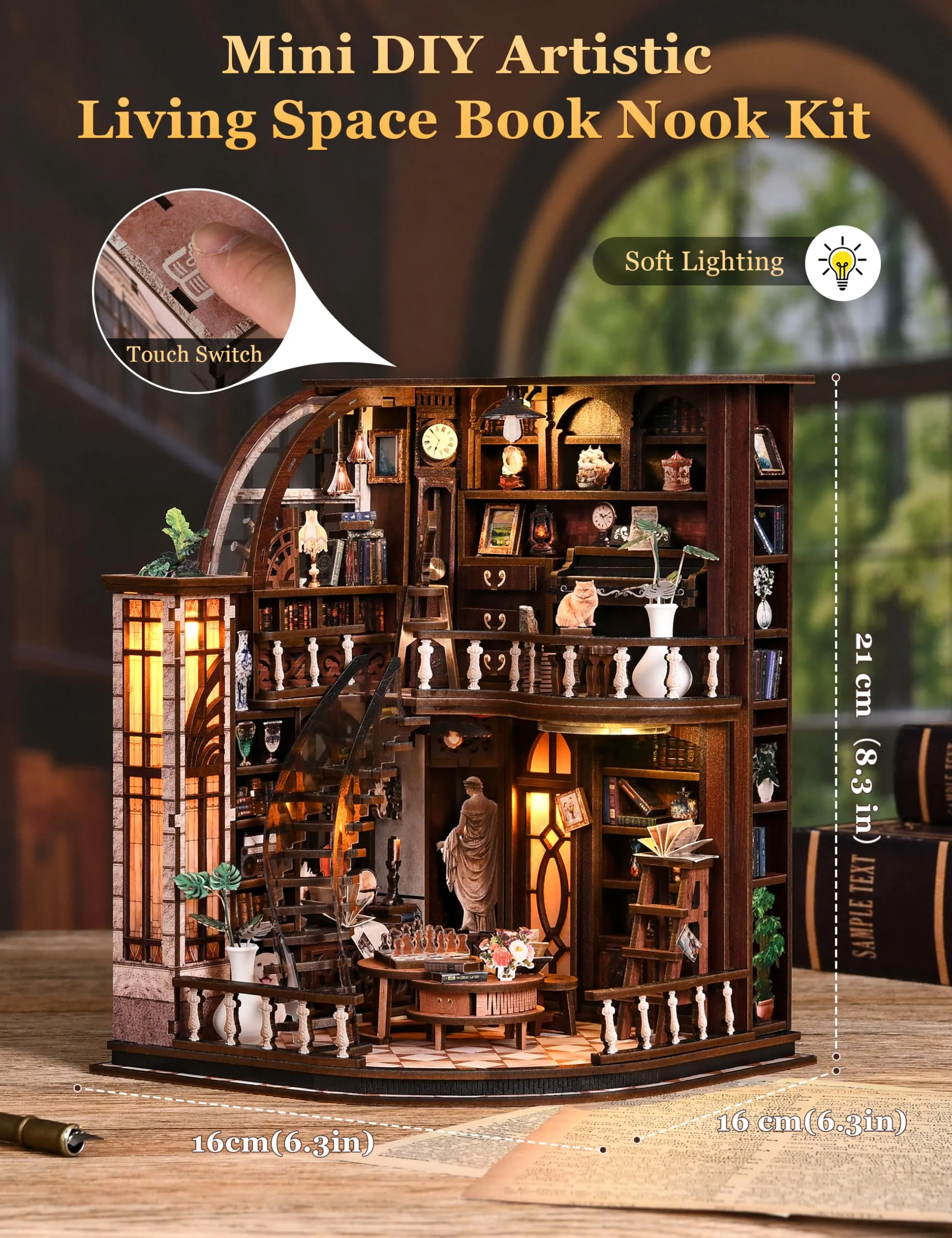 Besserite Kit Libreria Miniatura – Book Nook con 339 Pezzi, Puzzle 3D Legno Libreria a 2 Piani, Casa Bambole Miniatura con Luce, Diorama Vintage per Decorazione Libreria, Regalo Creativo per Adulti - immagine 7
