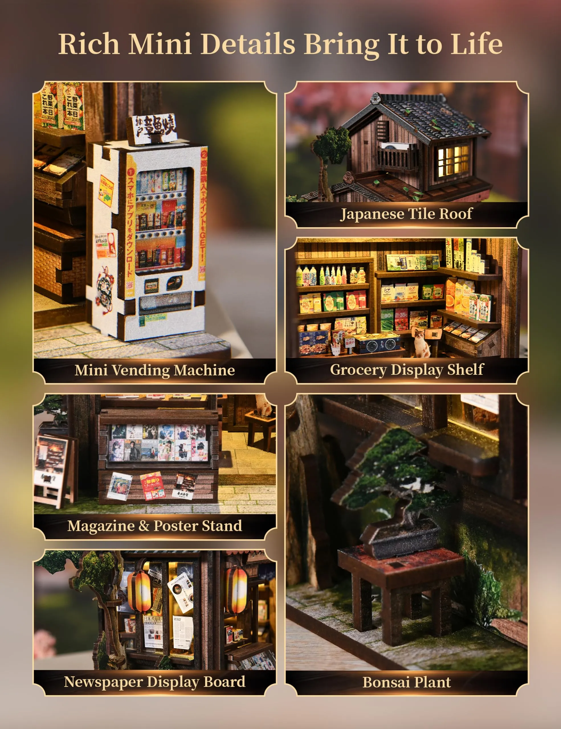 Besserite Kit di Modellismo Diorama – Book Nook Giapponese con Luci LED – Miniature Case Fai da Te – Puzzle 3D Decorativo per Libreria – Kit Miniature Adulti – Idea Regalo Unica per Chi Ama Costruire - immagine 4