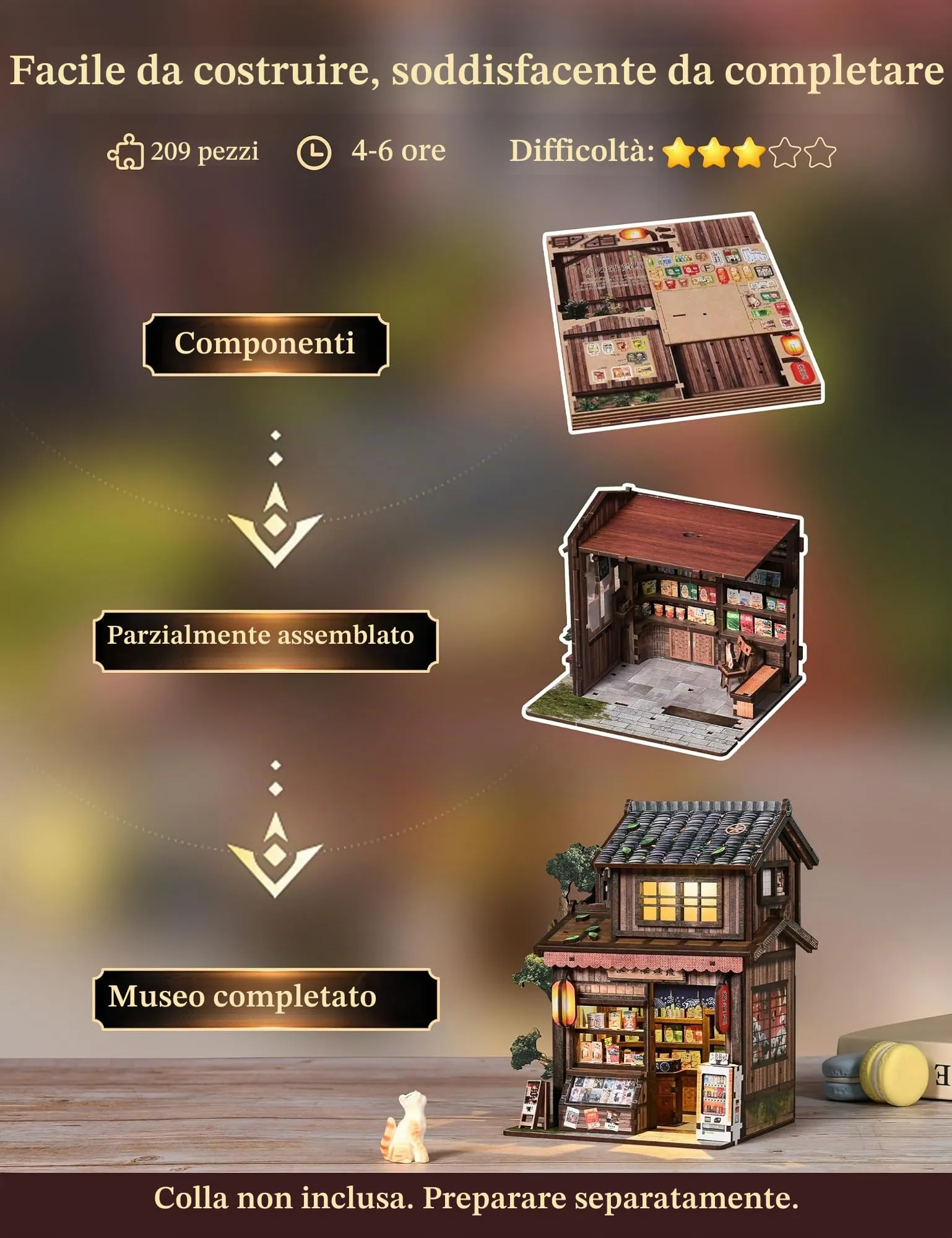 Besserite Kit di Modellismo Diorama – Book Nook Giapponese con Luci LED – Miniature Case Fai da Te – Puzzle 3D Decorativo per Libreria – Kit Miniature Adulti – Idea Regalo Unica per Chi Ama Costruire - immagine 6