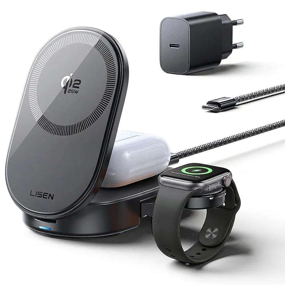 Caricatore Wireless da Rete Lisen W121 3in1, 25W, Nero YL0325080017 - immagine 1