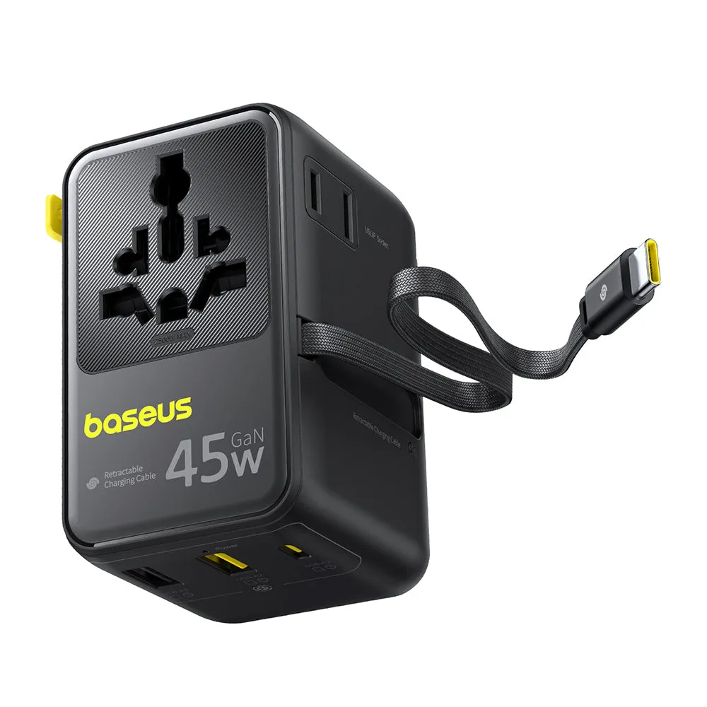 Caricatore da rete con cavo USB-C Baseus Travel PicoGo AG11, 45W, 2 x Presa - 1 x USB-C - 2 x USB-A, Nero E0307F00 - immagine 1