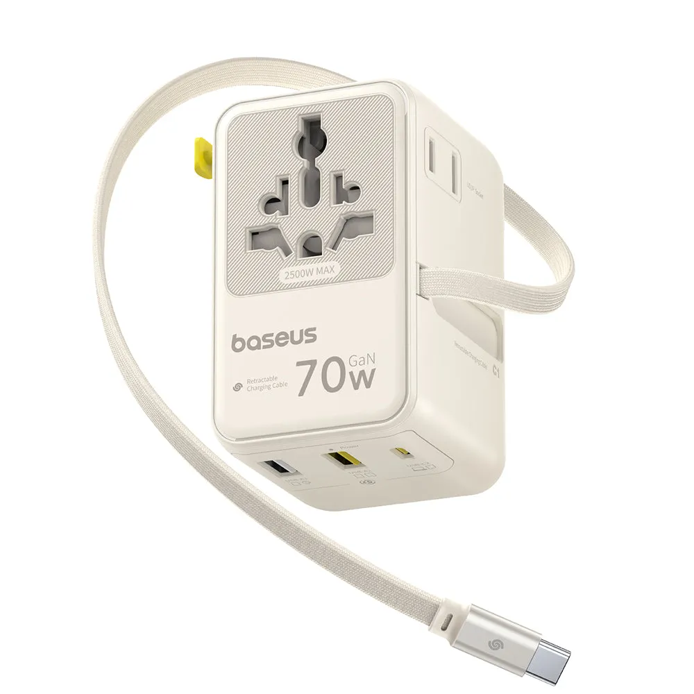 Caricatore da rete con cavo USB-C Baseus Travel EnerCore CG11, 70W, 2 x Presa - 1 x USB-C - 2 x USB-A, Bianco E0307E01 - immagine 1
