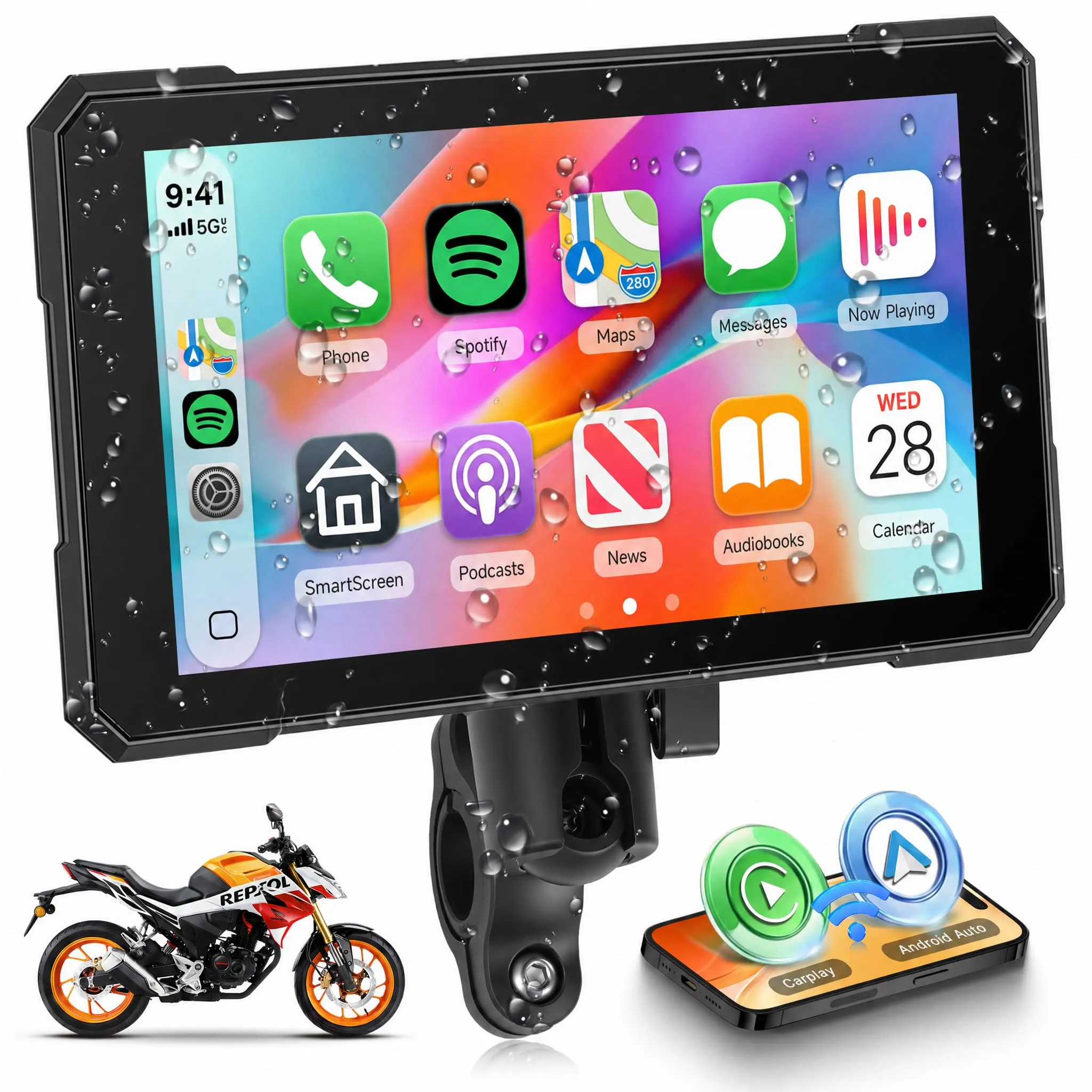 Rimoody Wireless Carplay Display Motociclo Android Auto,5" Touchscreen Car play Autoradio Portatile per Motorbike CarPlay Monitor per Moto Bluetooth/IP68 Impermeabile/Monitoraggio pressione pneumatici - immagine 1