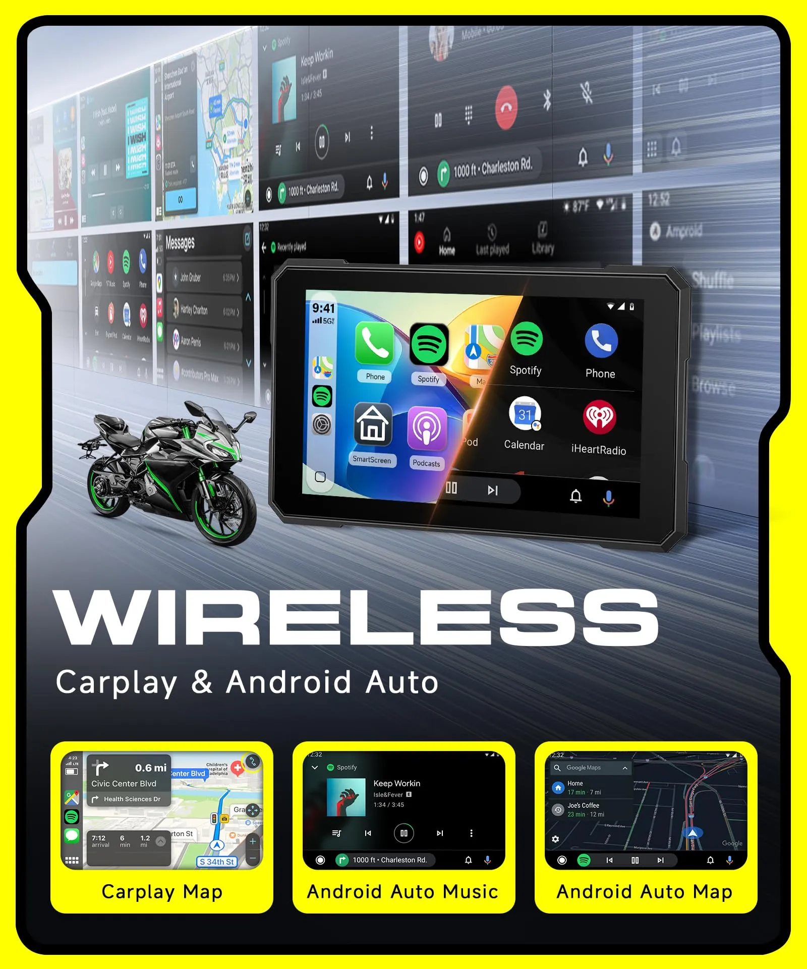Rimoody Wireless Carplay Display Motociclo Android Auto,5" Touchscreen Car play Autoradio Portatile per Motorbike CarPlay Monitor per Moto Bluetooth/IP68 Impermeabile/Monitoraggio pressione pneumatici - immagine 2
