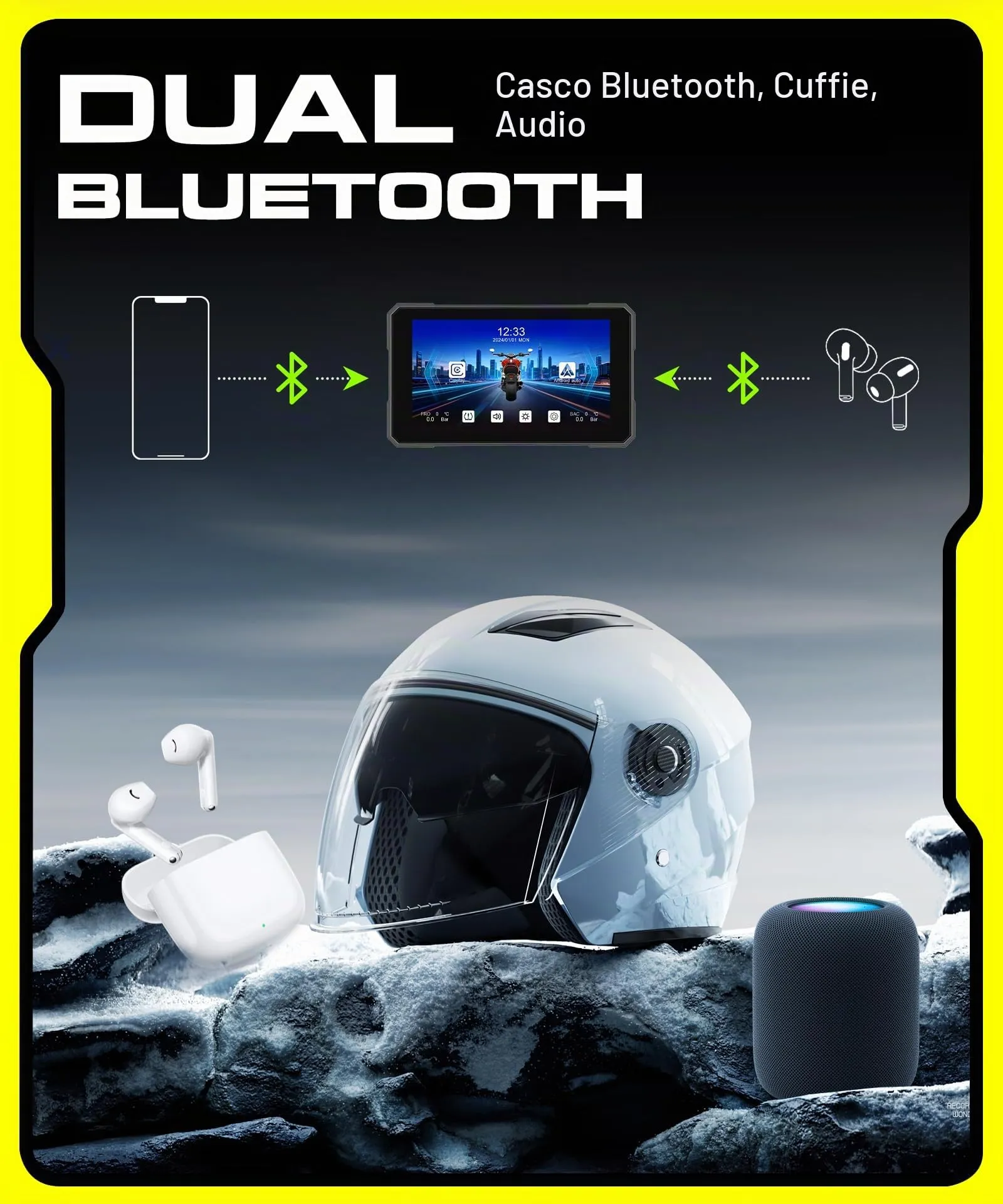 Rimoody Wireless Carplay Display Motociclo Android Auto,5" Touchscreen Car play Autoradio Portatile per Motorbike CarPlay Monitor per Moto Bluetooth/IP68 Impermeabile/Monitoraggio pressione pneumatici - immagine 3