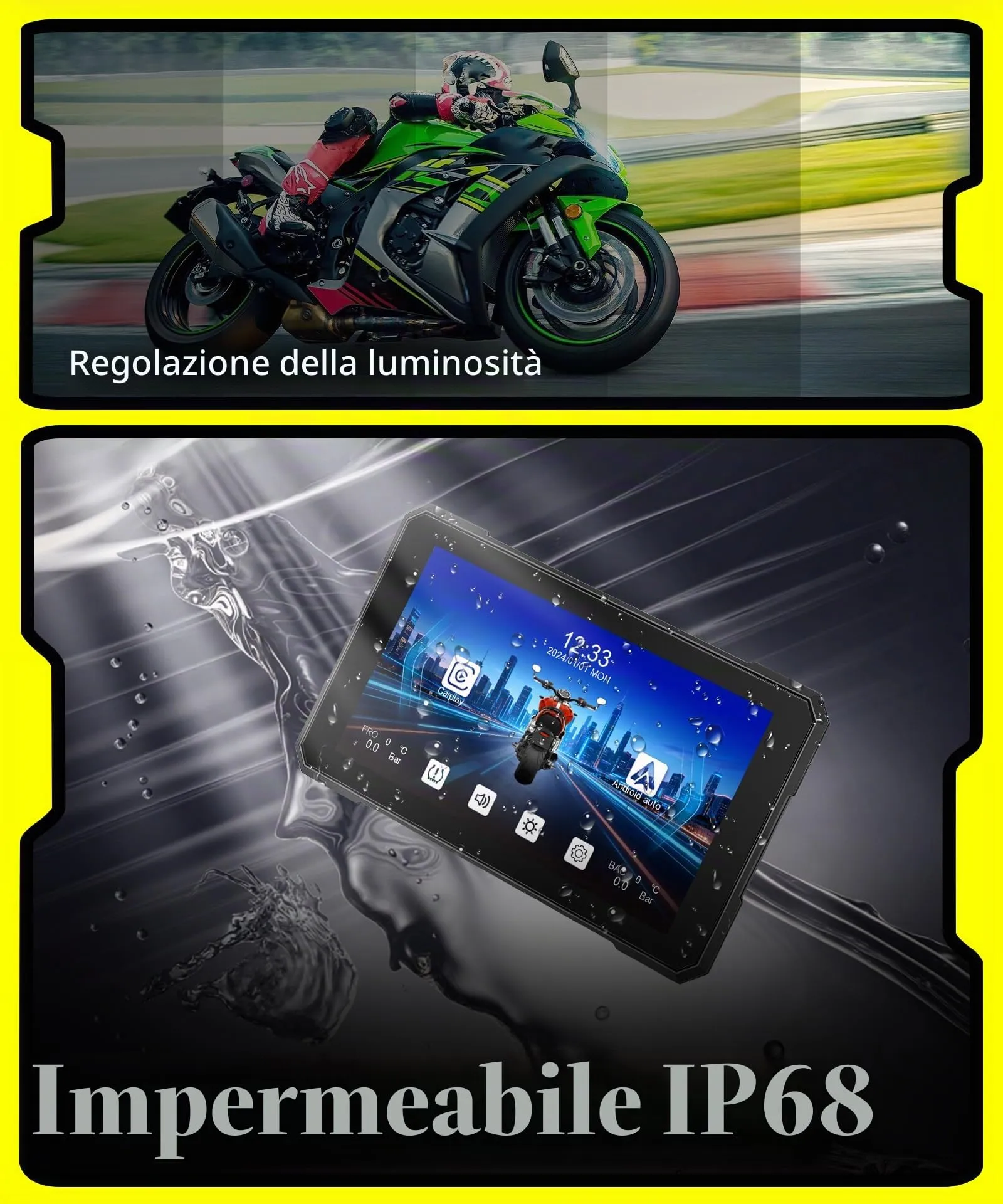 Rimoody Wireless Carplay Display Motociclo Android Auto,5" Touchscreen Car play Autoradio Portatile per Motorbike CarPlay Monitor per Moto Bluetooth/IP68 Impermeabile/Monitoraggio pressione pneumatici - immagine 4