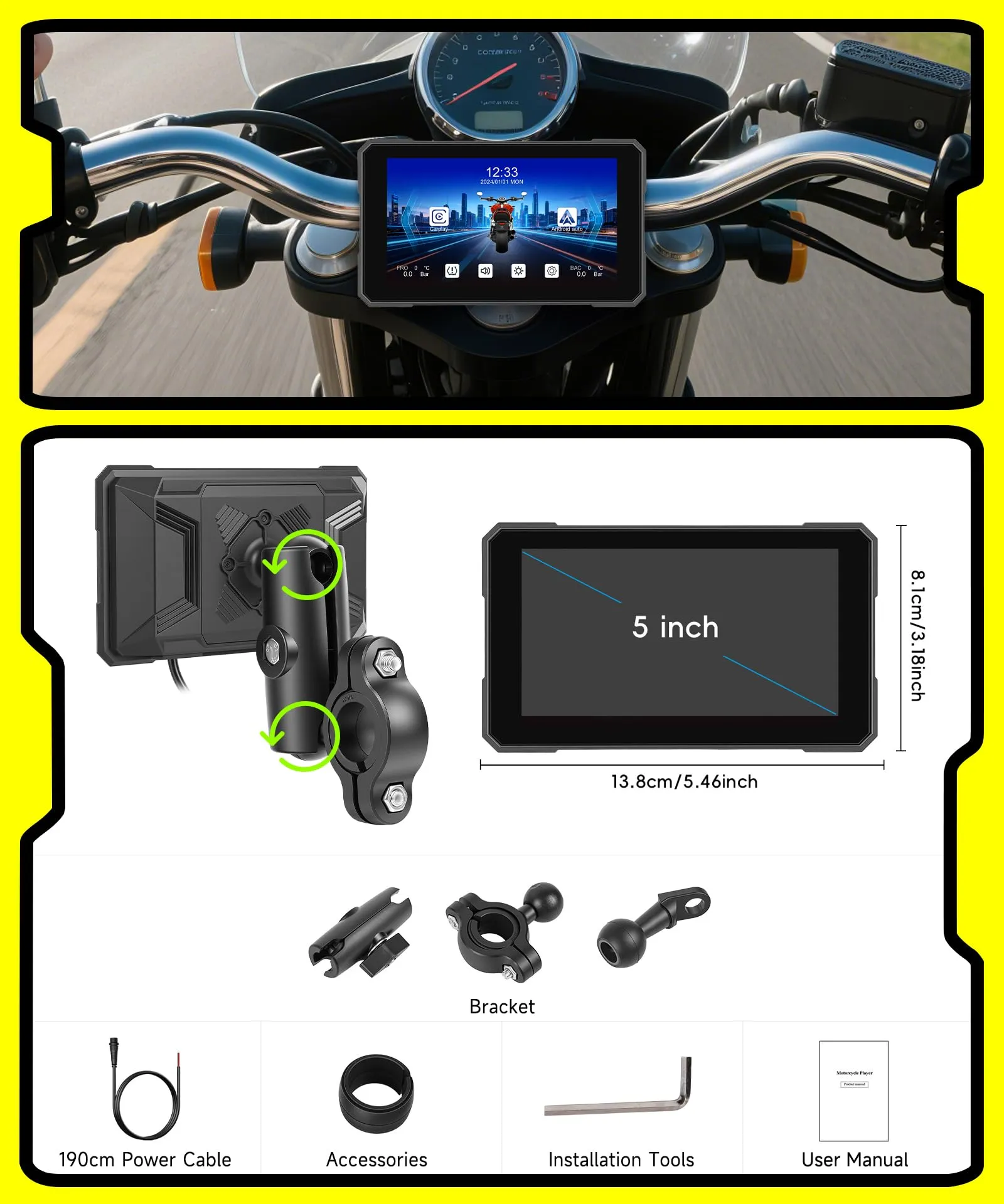 Rimoody Wireless Carplay Display Motociclo Android Auto,5" Touchscreen Car play Autoradio Portatile per Motorbike CarPlay Monitor per Moto Bluetooth/IP68 Impermeabile/Monitoraggio pressione pneumatici - immagine 8