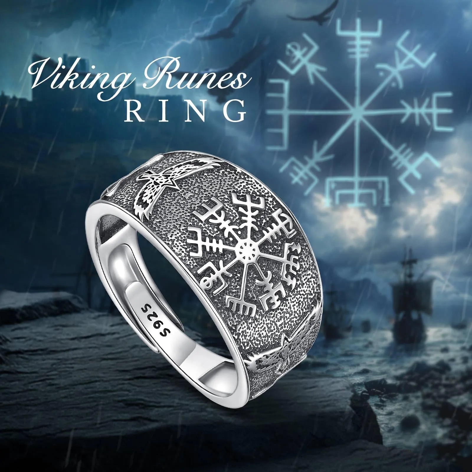 AEONSLOVE Anello Vichingo Regolabile Argento 925 Anello Vegvisir Aperto per Uomo Donna Anelli Pollice Aperti Regolabili Gioielli Vichinghi Nordici - immagine 4