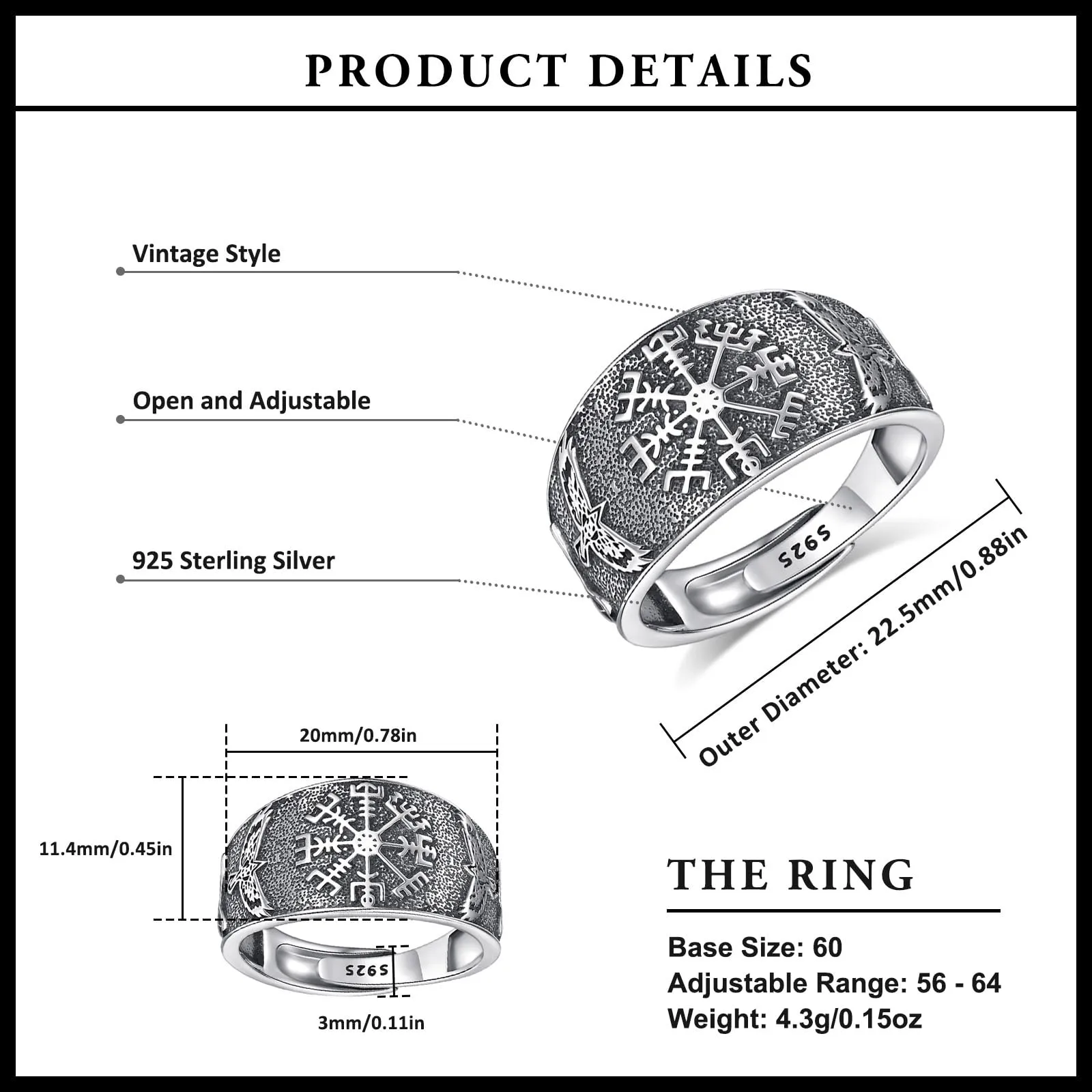 AEONSLOVE Anello Vichingo Regolabile Argento 925 Anello Vegvisir Aperto per Uomo Donna Anelli Pollice Aperti Regolabili Gioielli Vichinghi Nordici - immagine 7