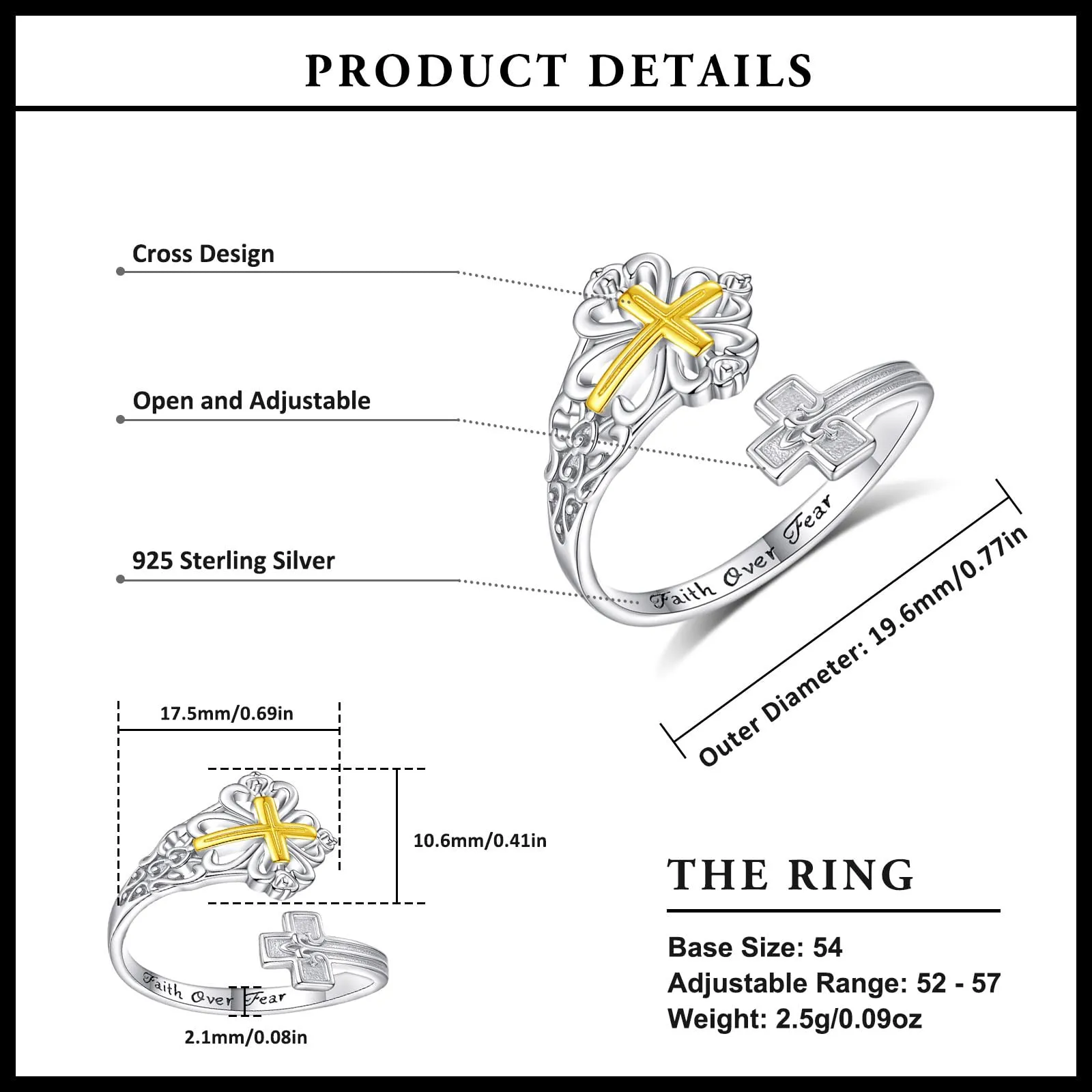 AEONSLOVE Anello Croce Regolabile Argento 925 per Uomo Donna, Anelli Aperti Regolabili Anello Aperto per Pollice, Gioielli Religiosi - immagine 7
