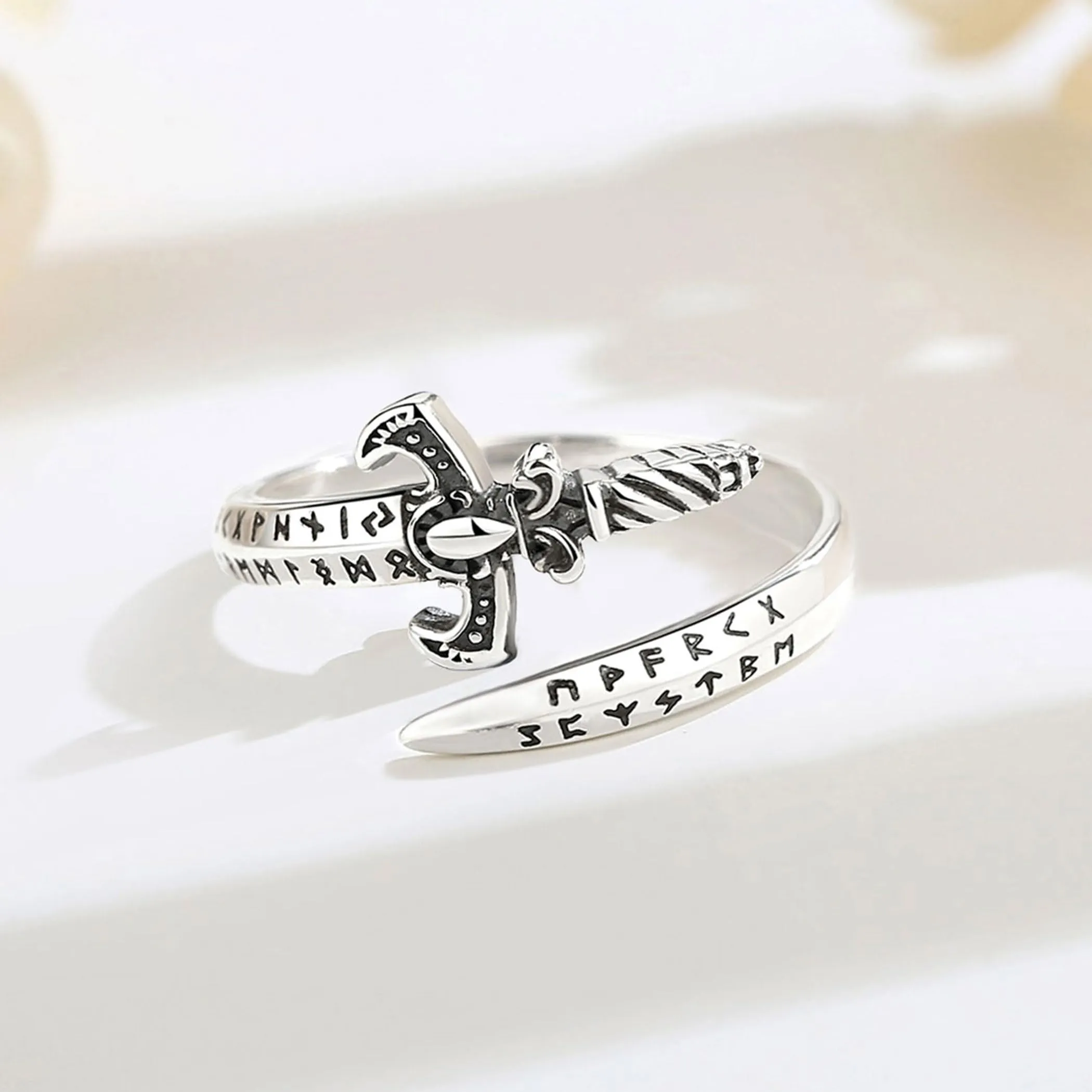 AEONSLOVE Anello Rune Vichinghe Argento 925 Anello Spada Regolabile Uomo Donna Aperto Anelli Vichinghi Pollice Aperti Regolabili Gioielli Nordici - immagine 3