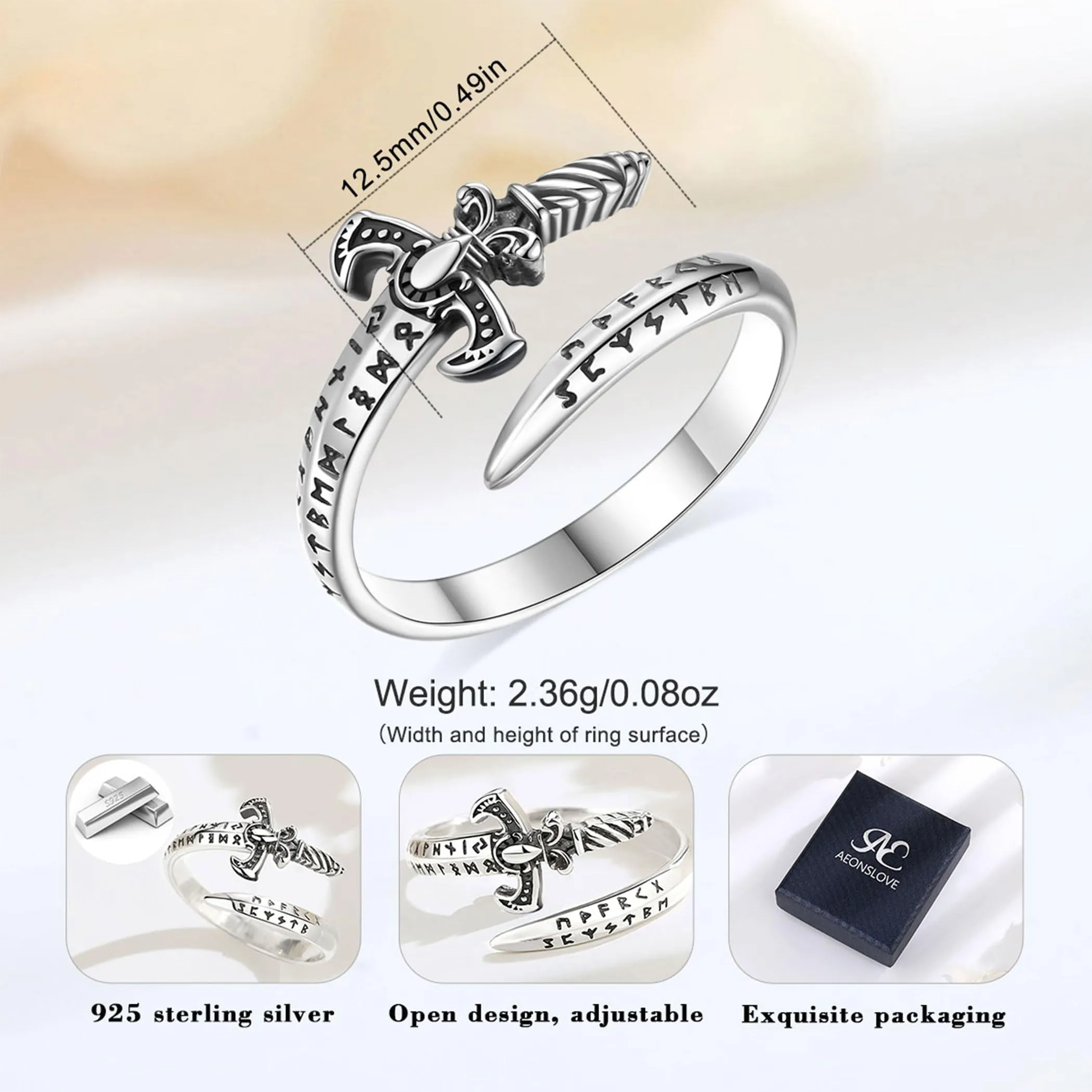AEONSLOVE Anello Rune Vichinghe Argento 925 Anello Spada Regolabile Uomo Donna Aperto Anelli Vichinghi Pollice Aperti Regolabili Gioielli Nordici - immagine 4