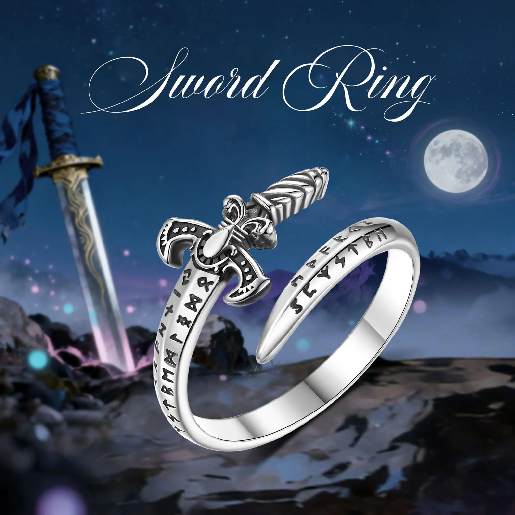 AEONSLOVE Anello Rune Vichinghe Argento 925 Anello Spada Regolabile Uomo Donna Aperto Anelli Vichinghi Pollice Aperti Regolabili Gioielli Nordici - immagine 7