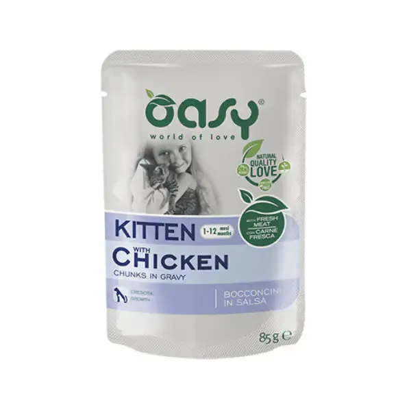 Oasy Cat Kitten Bocconcini in salsa 85 gr Pollo - confezione da 12 pezzi - Cibo umido per gatti - immagine 1