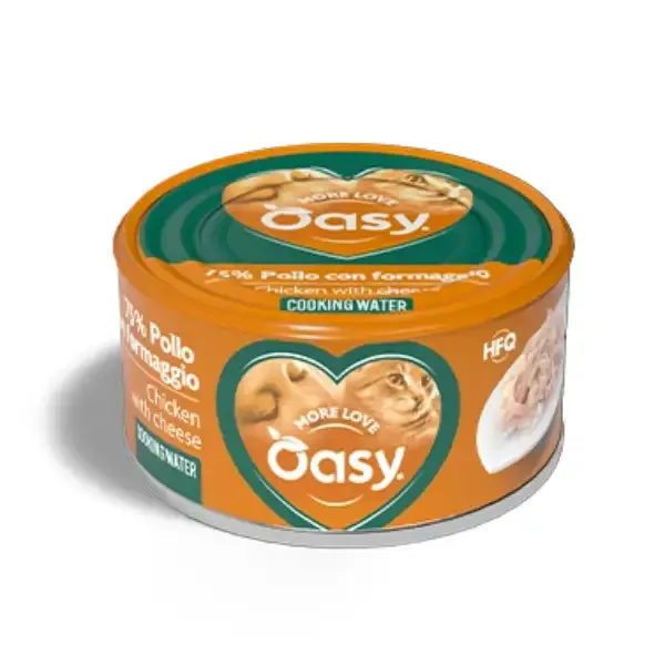 Oasy More Love Cat Adult Lattine in acqua di cottura 70 gr Pollo e formaggio - confezione da 24 pezzi - Cibo umido per gatti - immagine 1