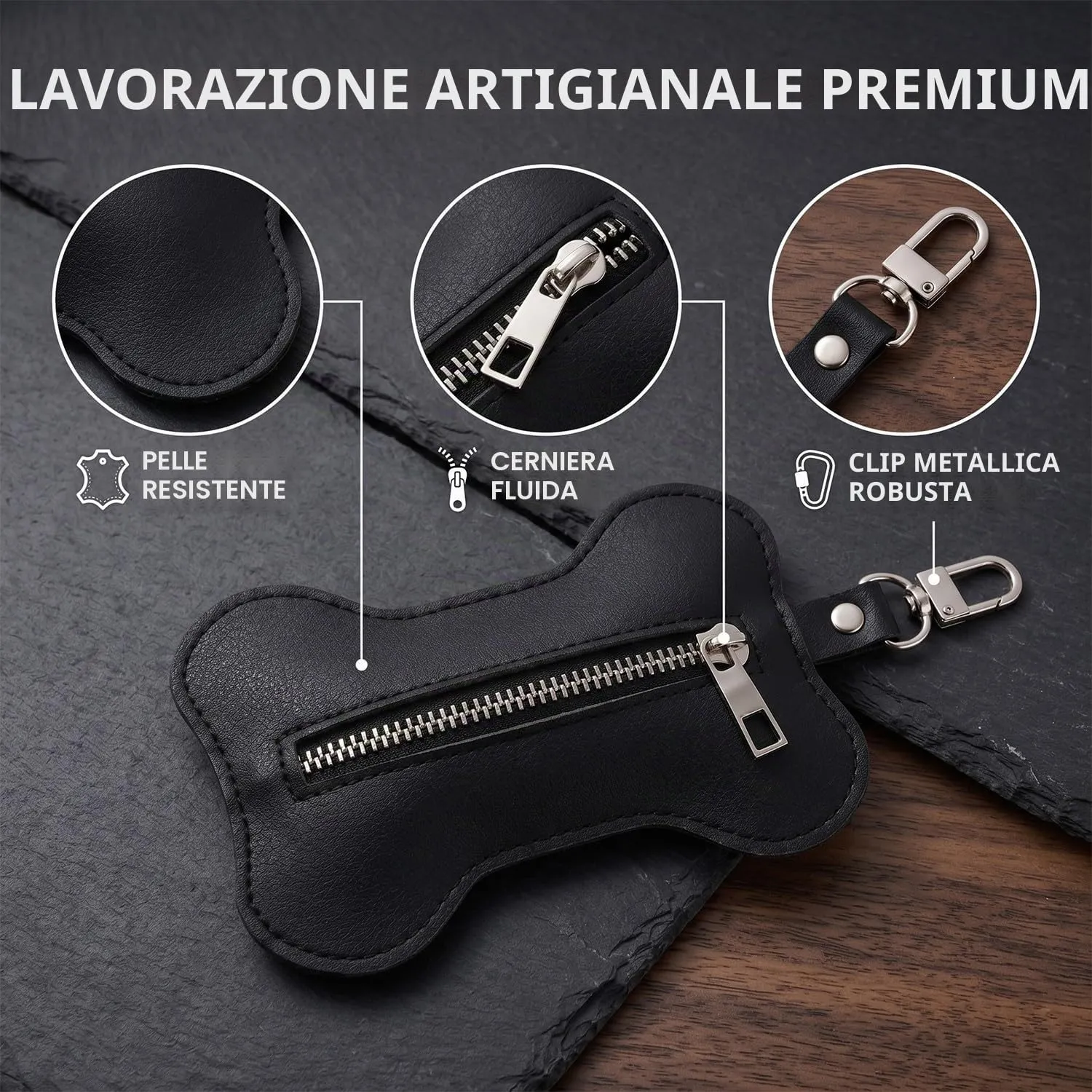 MNYXIS Porta Sacchetti Cane da guinzaglio, Dispenser Sacchetti Cacca Cane in Pelle PU a Forma di Osso, Porta Sacchetti Cane da Guinzaglio con Moschettone Metallico per Passeggiate e Trekking, Nero - immagine 2
