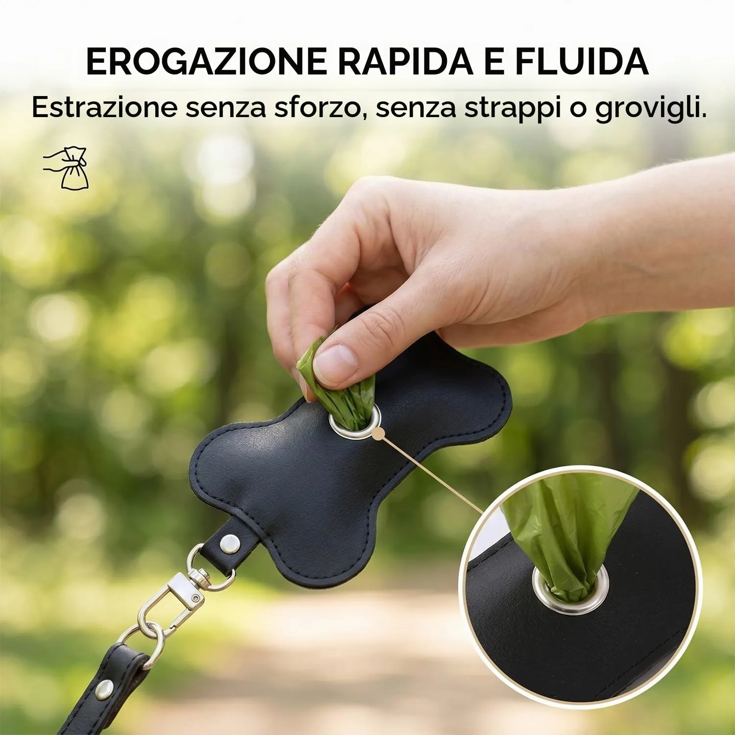 MNYXIS Porta Sacchetti Cane da guinzaglio, Dispenser Sacchetti Cacca Cane in Pelle PU a Forma di Osso, Porta Sacchetti Cane da Guinzaglio con Moschettone Metallico per Passeggiate e Trekking, Nero - immagine 3