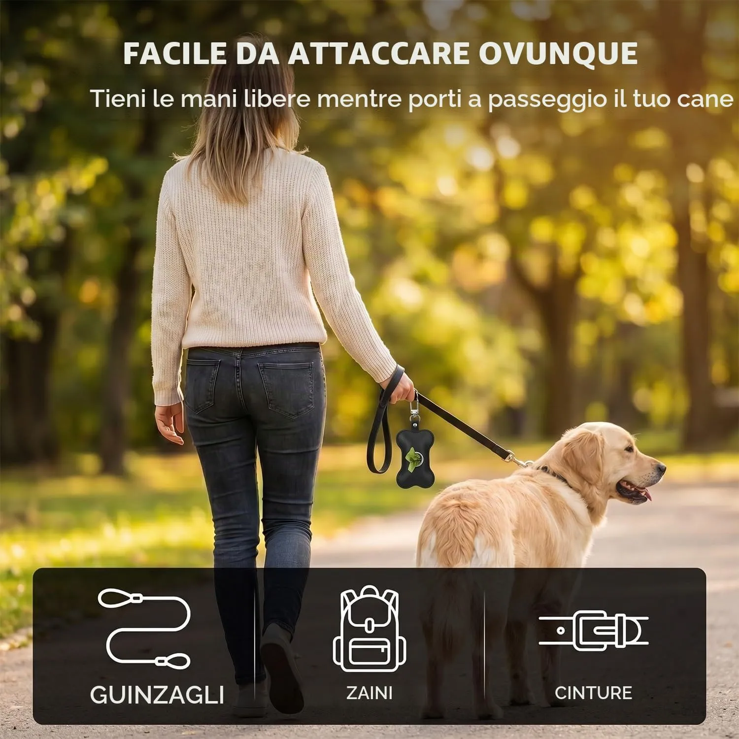MNYXIS Porta Sacchetti Cane da guinzaglio, Dispenser Sacchetti Cacca Cane in Pelle PU a Forma di Osso, Porta Sacchetti Cane da Guinzaglio con Moschettone Metallico per Passeggiate e Trekking, Nero - immagine 4