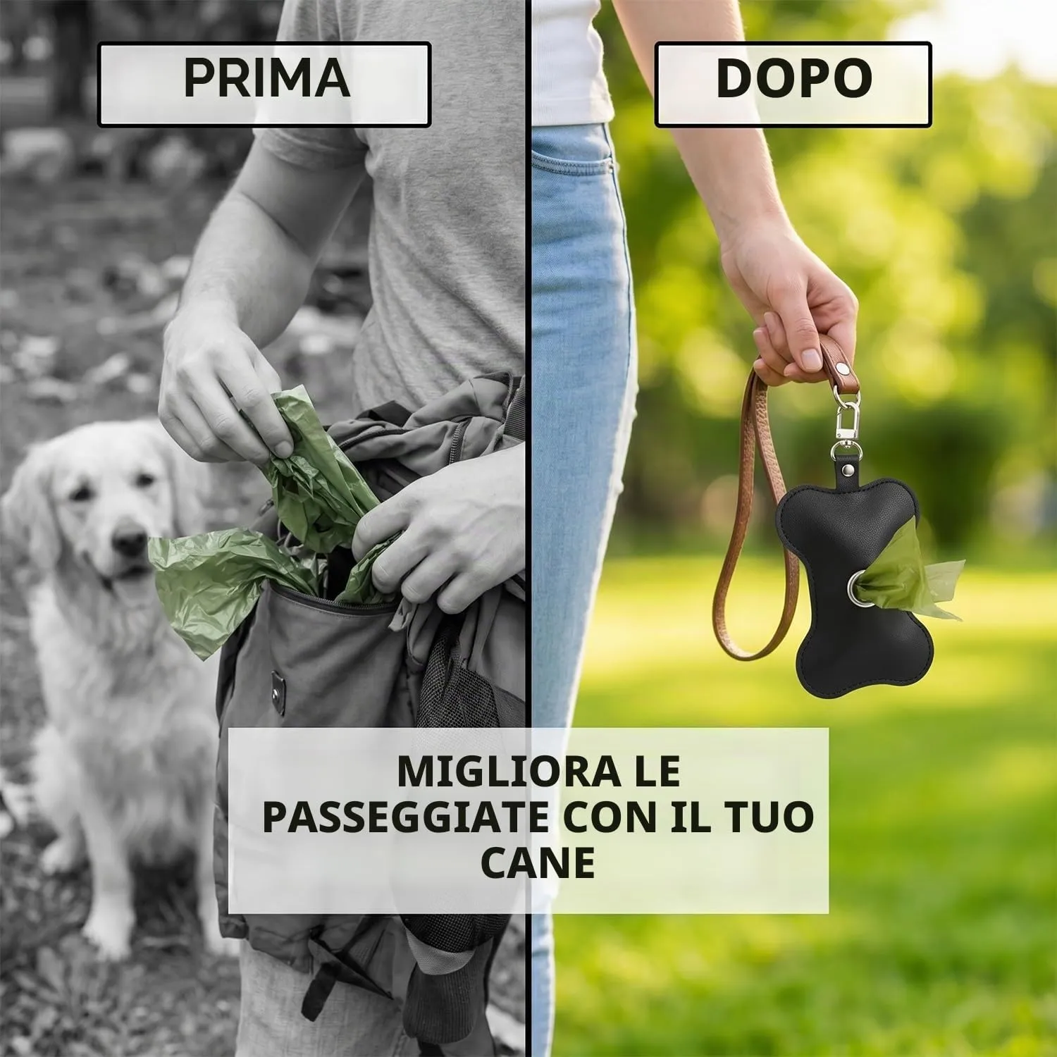 MNYXIS Porta Sacchetti Cane da guinzaglio, Dispenser Sacchetti Cacca Cane in Pelle PU a Forma di Osso, Porta Sacchetti Cane da Guinzaglio con Moschettone Metallico per Passeggiate e Trekking, Nero - immagine 5
