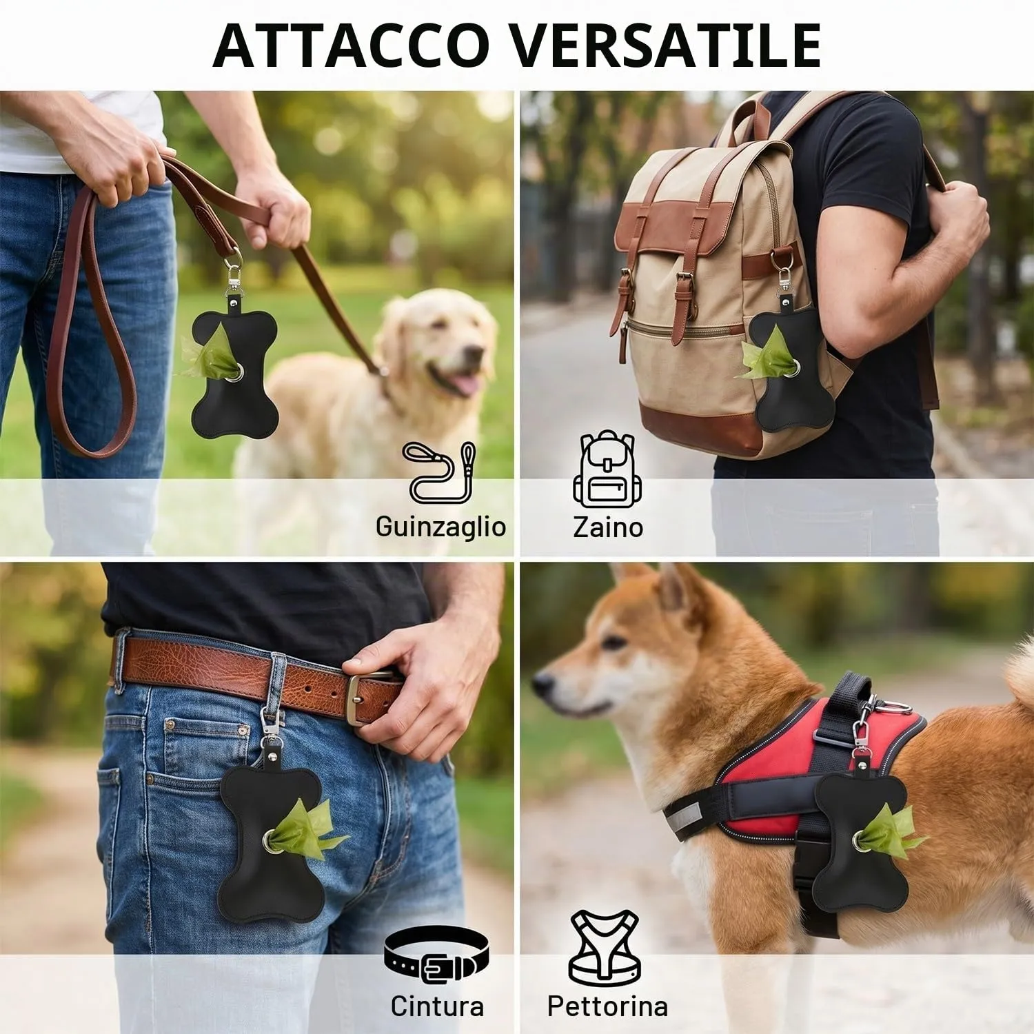 MNYXIS Porta Sacchetti Cane da guinzaglio, Dispenser Sacchetti Cacca Cane in Pelle PU a Forma di Osso, Porta Sacchetti Cane da Guinzaglio con Moschettone Metallico per Passeggiate e Trekking, Nero - immagine 6