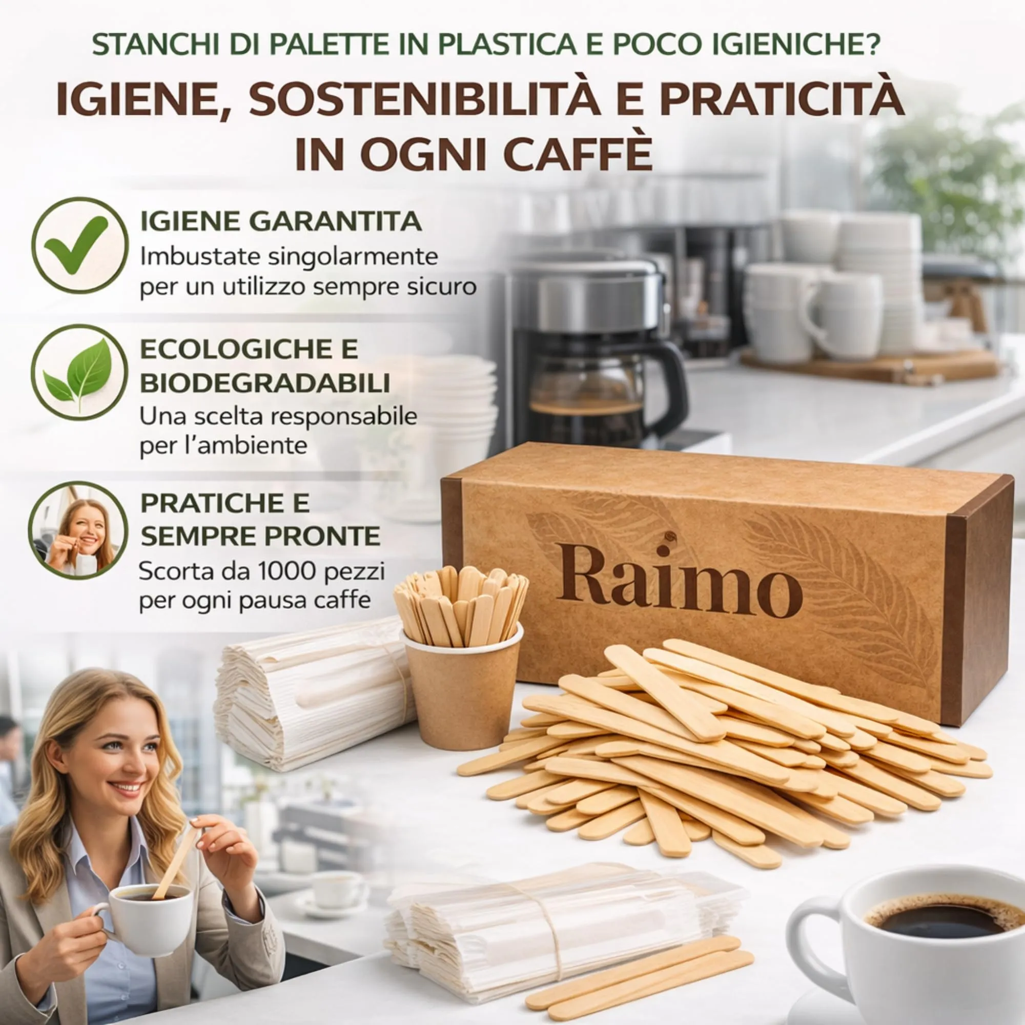 Kit 1000 Palette Caffè Monouso in Legno - IMBUSTATE SINGOLARMENTE - Biodegradabili - Bastoncini legno per Bevande Calde - Ideali per Bar, Ufficio, Eventi e Casa - Confezione Protettiva Eco Kraft - immagine 3