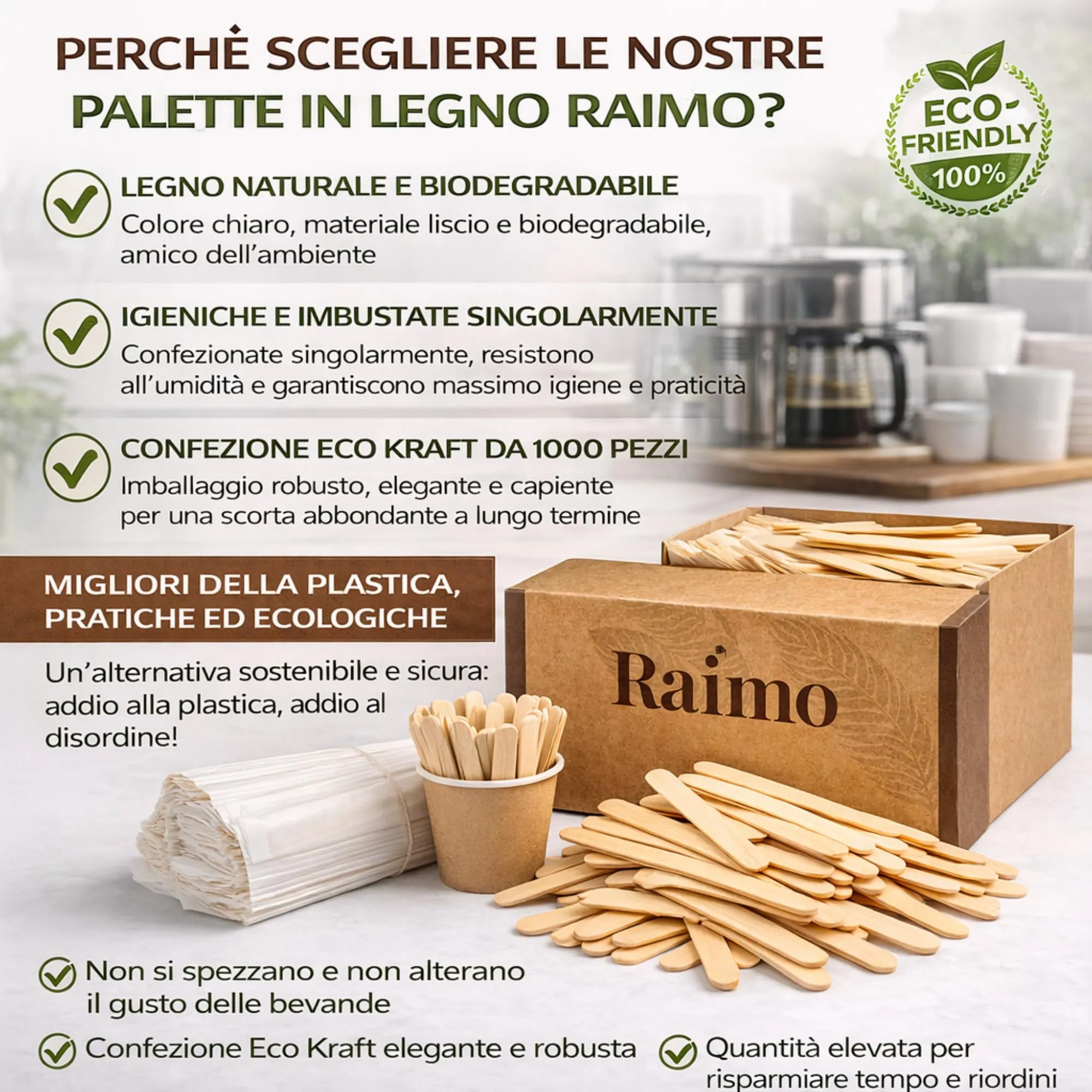 Kit 1000 Palette Caffè Monouso in Legno - IMBUSTATE SINGOLARMENTE - Biodegradabili - Bastoncini legno per Bevande Calde - Ideali per Bar, Ufficio, Eventi e Casa - Confezione Protettiva Eco Kraft - immagine 4