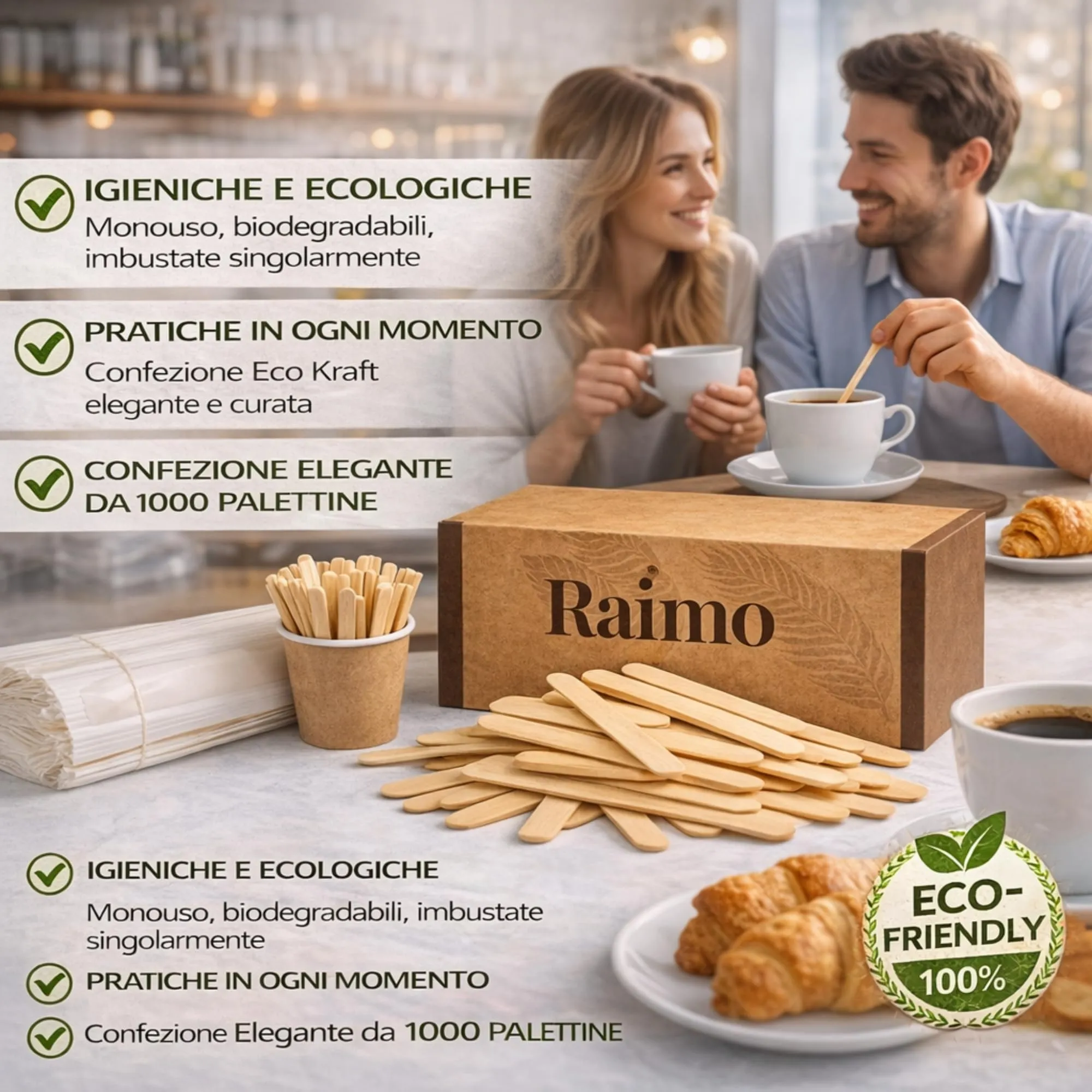 Kit 1000 Palette Caffè Monouso in Legno - IMBUSTATE SINGOLARMENTE - Biodegradabili - Bastoncini legno per Bevande Calde - Ideali per Bar, Ufficio, Eventi e Casa - Confezione Protettiva Eco Kraft - immagine 7