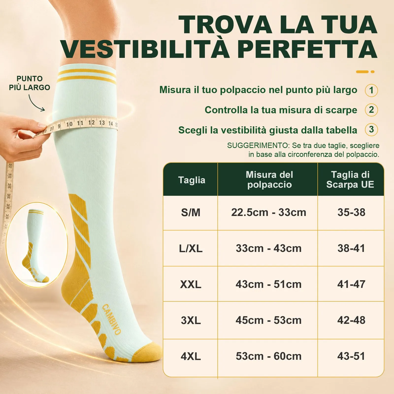 CAMBIVO Calze Compressione Graduata Donna Uomo 3 Paia, Calze a Compressione Graduata 20-30mmHg, Calze Antitrombo Elastiche, Gambaletti Calzini per Vene Varicose, Aereo, Corsa, Verde/Giallo, L-XL - immagine 4