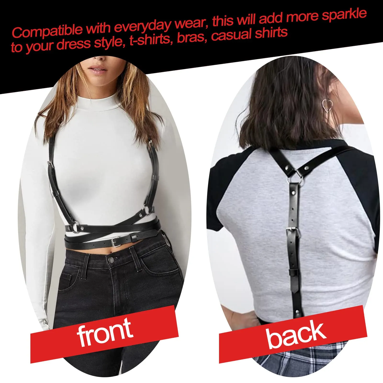 PLATEYTR Punk Reggiseno in Pelle Petto Catena Nero,Catene del Corpo Collare Harness Belt Accessori per Il Corpo Gioielleria per Cosplay Dance Party Rave Costume di Halloween - immagine 4