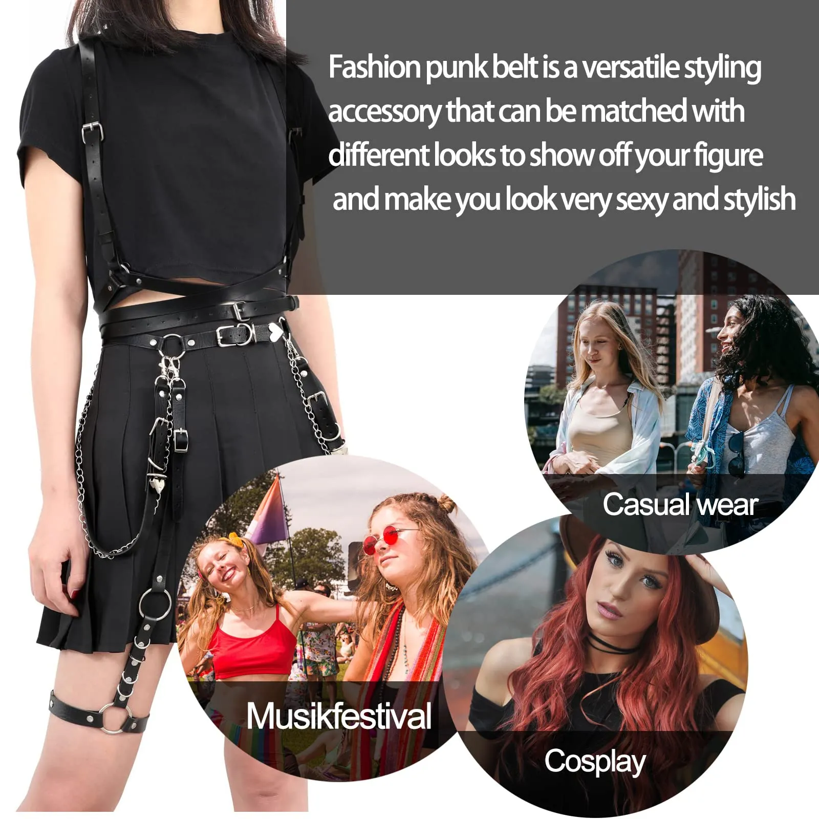 PLATEYTR Punk Reggiseno in Pelle Petto Catena Nero,Catene del Corpo Collare Harness Belt Accessori per Il Corpo Gioielleria per Cosplay Dance Party Rave Costume di Halloween - immagine 5