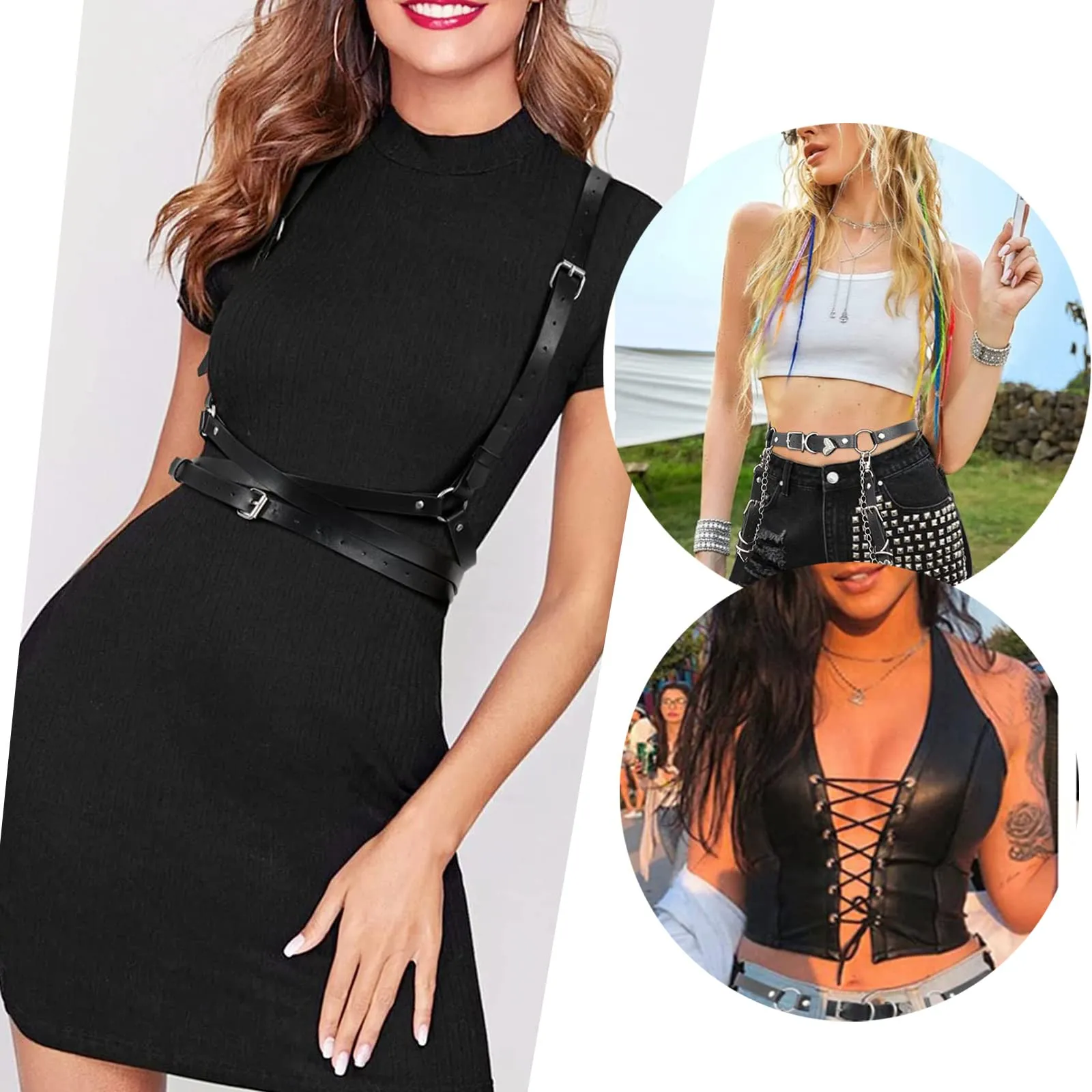 PLATEYTR Punk Reggiseno in Pelle Petto Catena Nero,Catene del Corpo Collare Harness Belt Accessori per Il Corpo Gioielleria per Cosplay Dance Party Rave Costume di Halloween - immagine 6
