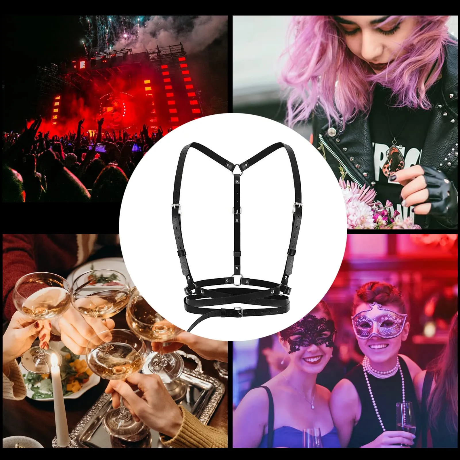PLATEYTR Punk Reggiseno in Pelle Petto Catena Nero,Catene del Corpo Collare Harness Belt Accessori per Il Corpo Gioielleria per Cosplay Dance Party Rave Costume di Halloween - immagine 7