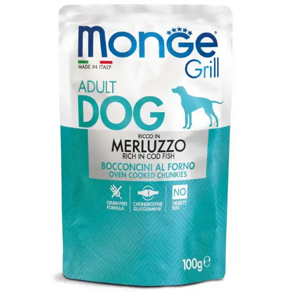 Monge Grill Adult Grain Free bocconcini 100 gr Merluzzo - confezione da 24 pezzi - Cibo umido per cani - immagine 1