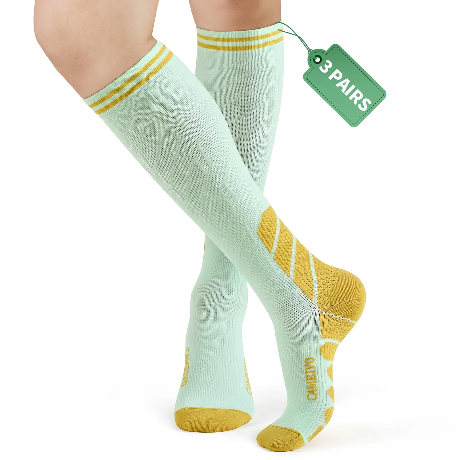 CAMBIVO Calze Compressione Graduata Donna Uomo 3 Paia, Calze a Compressione Graduata 20-30mmHg, Calze Antitrombo Elastiche, Gambaletti Calzini per Vene Varicose, Aereo, Corsa, Verde/Giallo, S-M - immagine 1