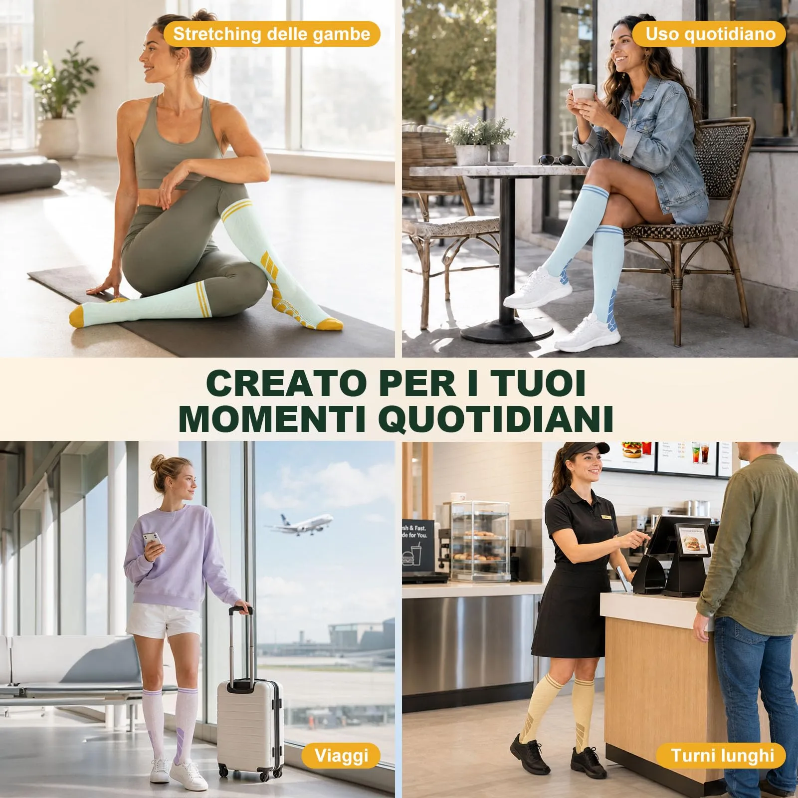 CAMBIVO Calze Compressione Graduata Donna Uomo 3 Paia, Calze a Compressione Graduata 20-30mmHg, Calze Antitrombo Elastiche, Gambaletti Calzini per Vene Varicose, Aereo, Corsa, Verde/Giallo, S-M - immagine 7