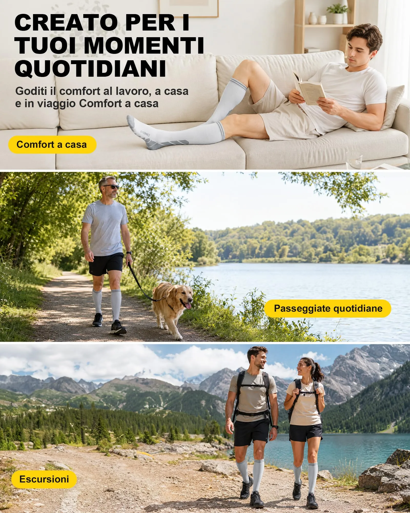 CAMBIVO Calze Compressione Graduata Donna Uomo 3 Paia, Calze a Compressione Graduata 20-30mmHg, Calze Antitrombo Elastiche a Compressione, Gambaletti Calzini per Sportive, Grigio/Nero, S-M - immagine 7