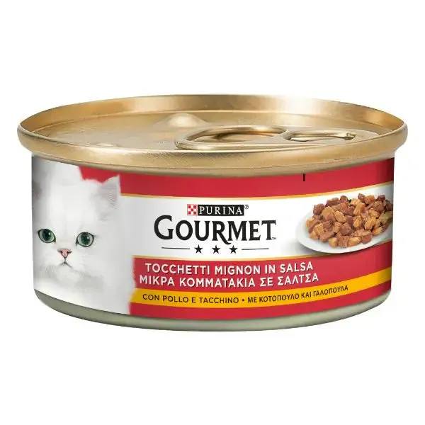 Gourmet Tocchetti Mignon in Salsa 195 gr Pollo e tacchino - confezione da 6 pezzi - Cibo umido per gatti - immagine 1