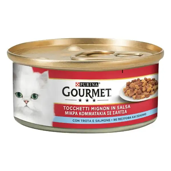 Gourmet Tocchetti Mignon in Salsa 195 gr Salmone e trota - confezione da 6 pezzi - Cibo umido per gatti - immagine 1