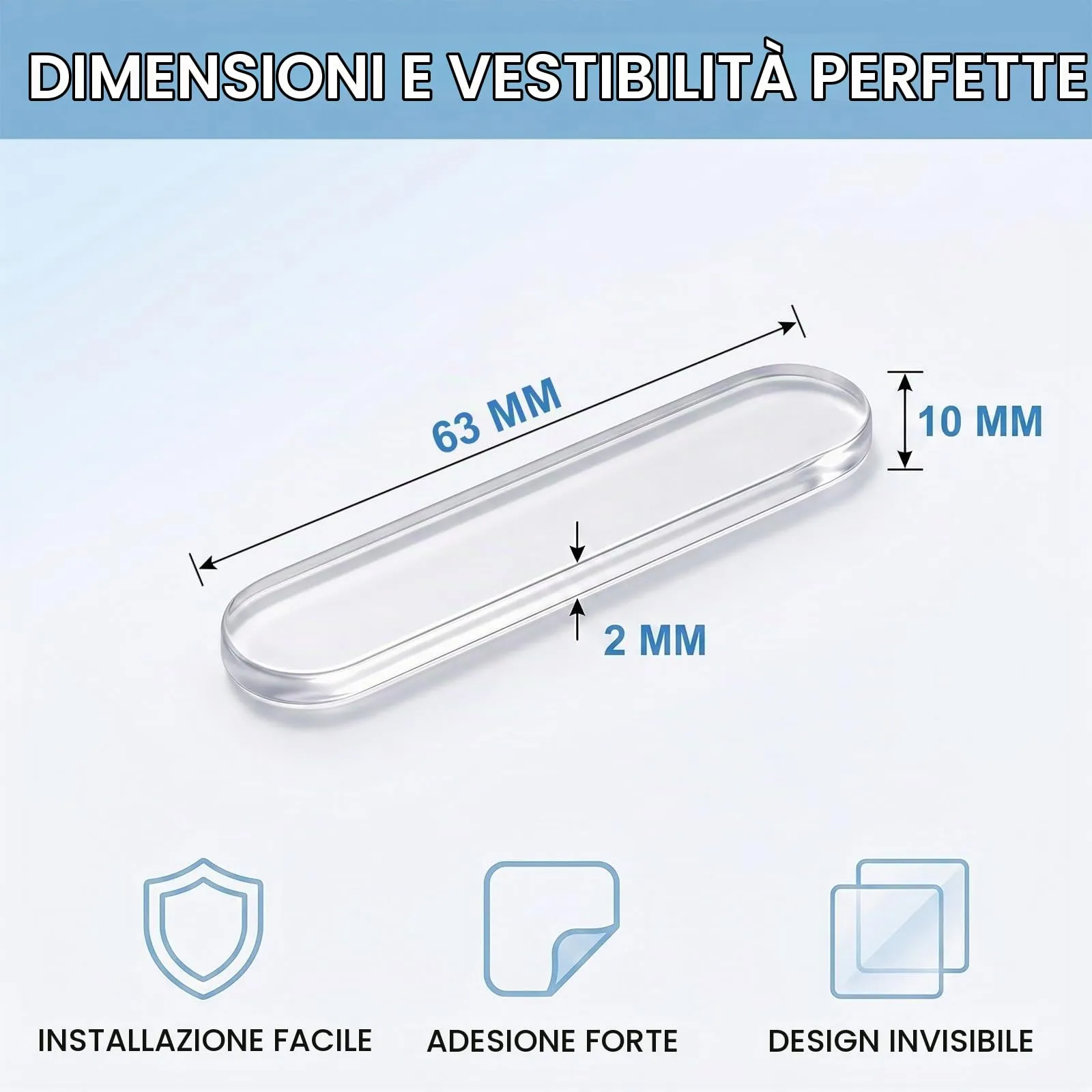 MNYXIS Paracolpi Porta e Muro in Silicone Trasparente, 10 Pcs Strisce Adesive Paracolpi per Mobili, Proteggi Muro da Sedie e Maniglie, Gommini Antiscivolo Adesivi per Tavolo,Frigorifero,Auto,63x10x2mm - immagine 5