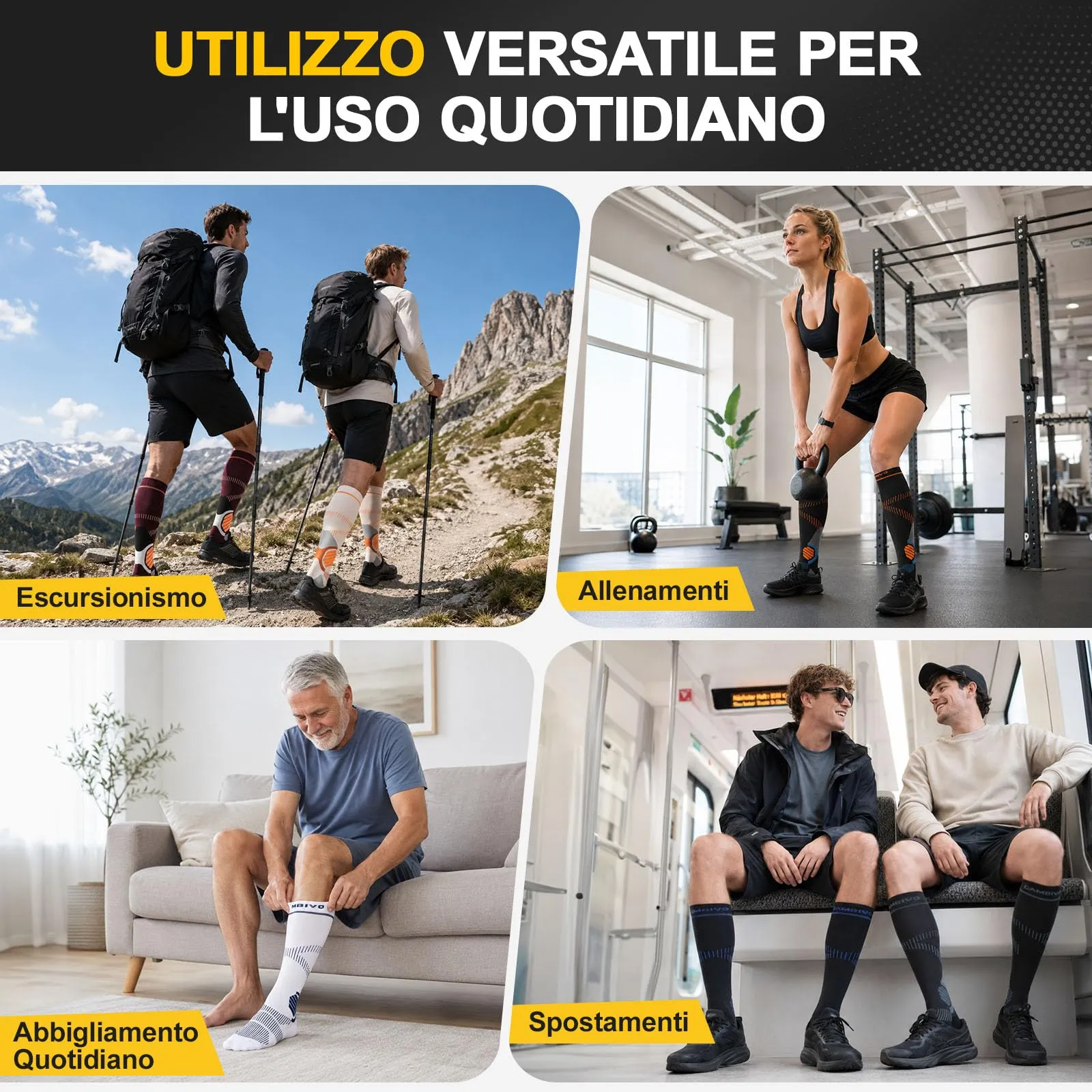 CAMBIVO Calze Compressione Graduata Donna Uomo 2Paia, Gambaletti Compressione Graduata 15-20 mmHg, Calze Elastiche a Compressione Antitrombo, Calzini Lunghe per Vene Varicose, Aereo, Sportive, Corsa - immagine 7