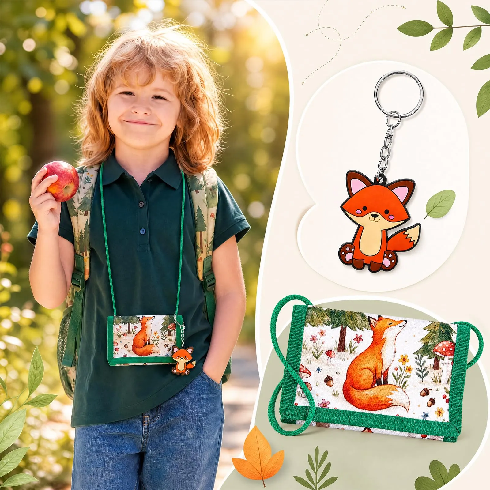 Hestya Portafoglio per Bambini e Ragazzi Portafoglio da Collo a Tre Scomparti con Diverse Fantasie Portamonete da Viaggio con Cordino e Portachiavi Regalo di Compleanno (Volpe) - immagine 6