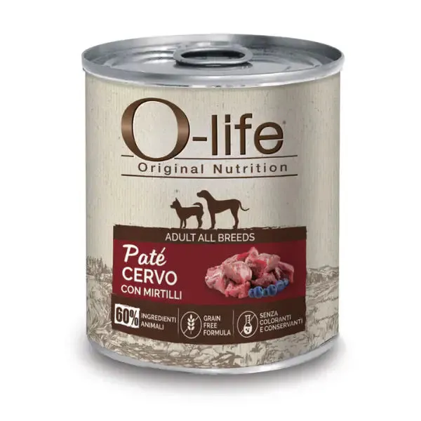 O-life Adult Grain Free Patè 400 gr Cervo con mirtilli - Cibo umido per cani - immagine 1