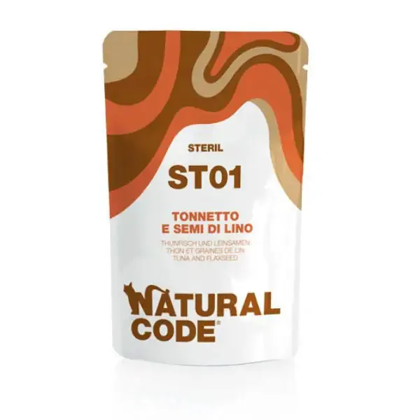 Natural Code Sterilised Buste in Acqua di Cottura 70 gr ST01 - tonnetto e semi di lino - confezione da 24 pezzi - Cibo umido per gatti - immagine 1