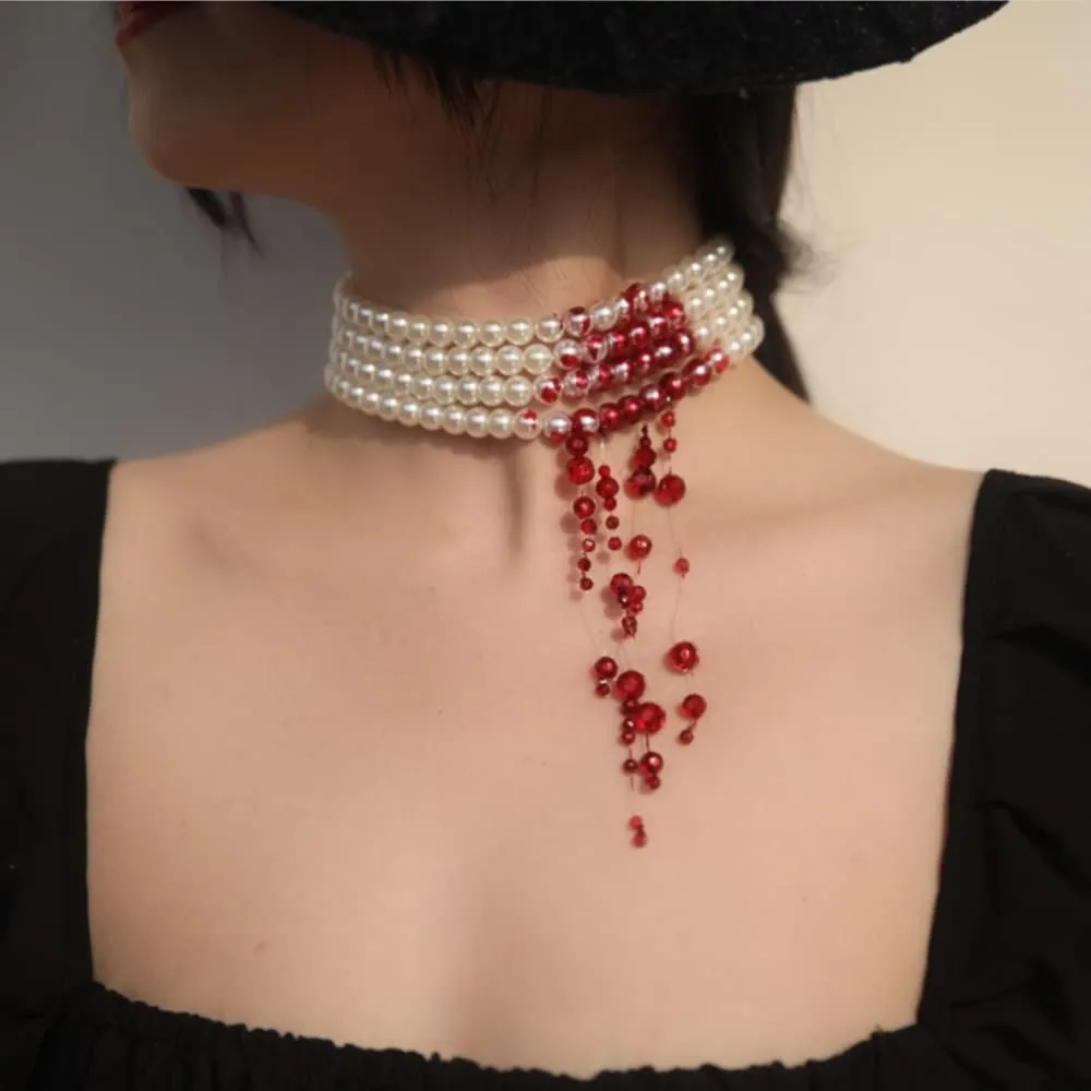 Ausdxreky Sangue gocciolante imitazione perle Halloween Party Choker Collana Vampire Party Costume - immagine 2