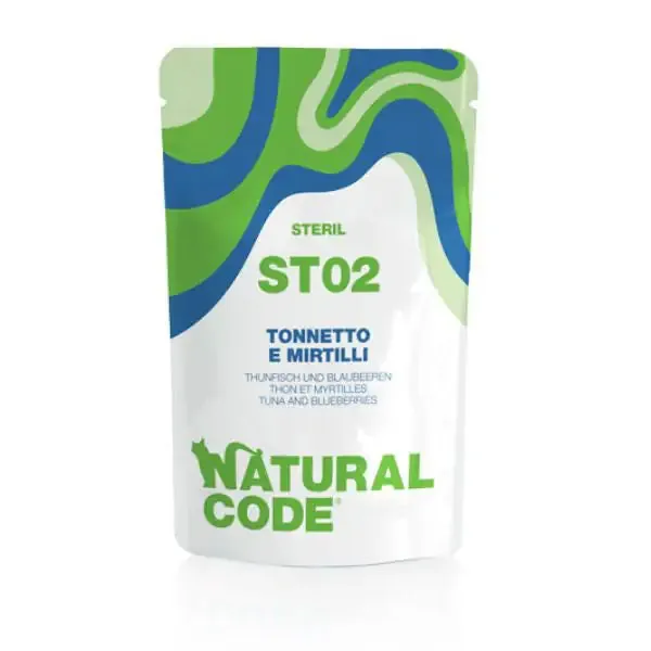 Natural Code Sterilised Buste in Acqua di Cottura 70 gr ST02 - tonnetto e mirtilli - confezione da 24 pezzi - Cibo umido per gatti - immagine 1
