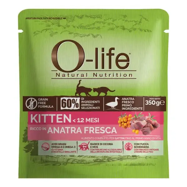 O-life Kitten Grain Free Anatra fresca 350 gr - Croccantini per gatti - immagine 1