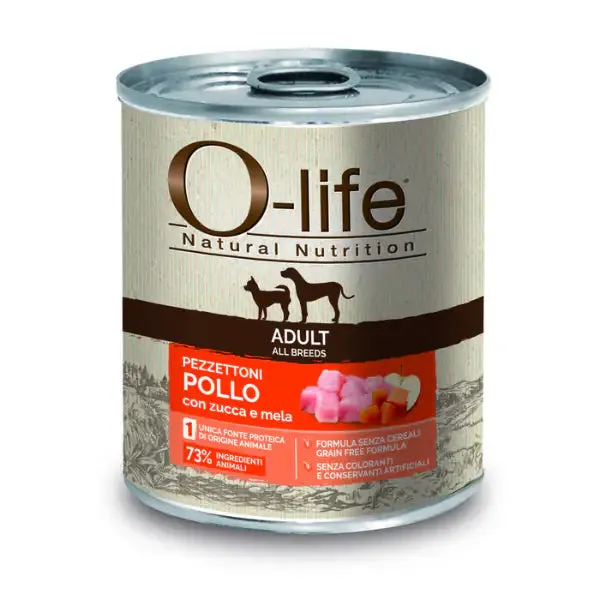 O-life Dog Adult Grain Free Pezzettoni monoproteici 400 gr Pollo, zucca e mela - Umido monoproteico cane - immagine 1