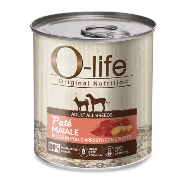 O-life Adult Grain Free Patè monoproteico 400 gr Maiale ricco in pollo arrosto con carote - Umido monoproteico cane - immagine 1