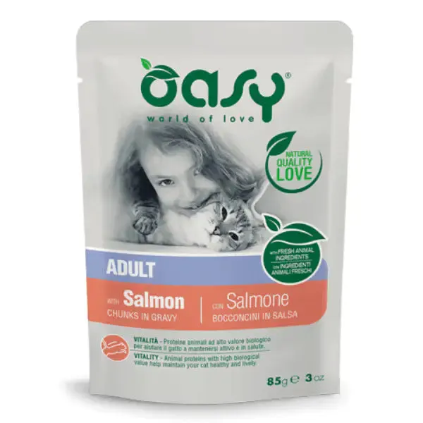 Oasy Cat Adult Bocconcini in salsa 85 gr Salmone - confezione da 12 pezzi - Cibo umido per gatti - immagine 1
